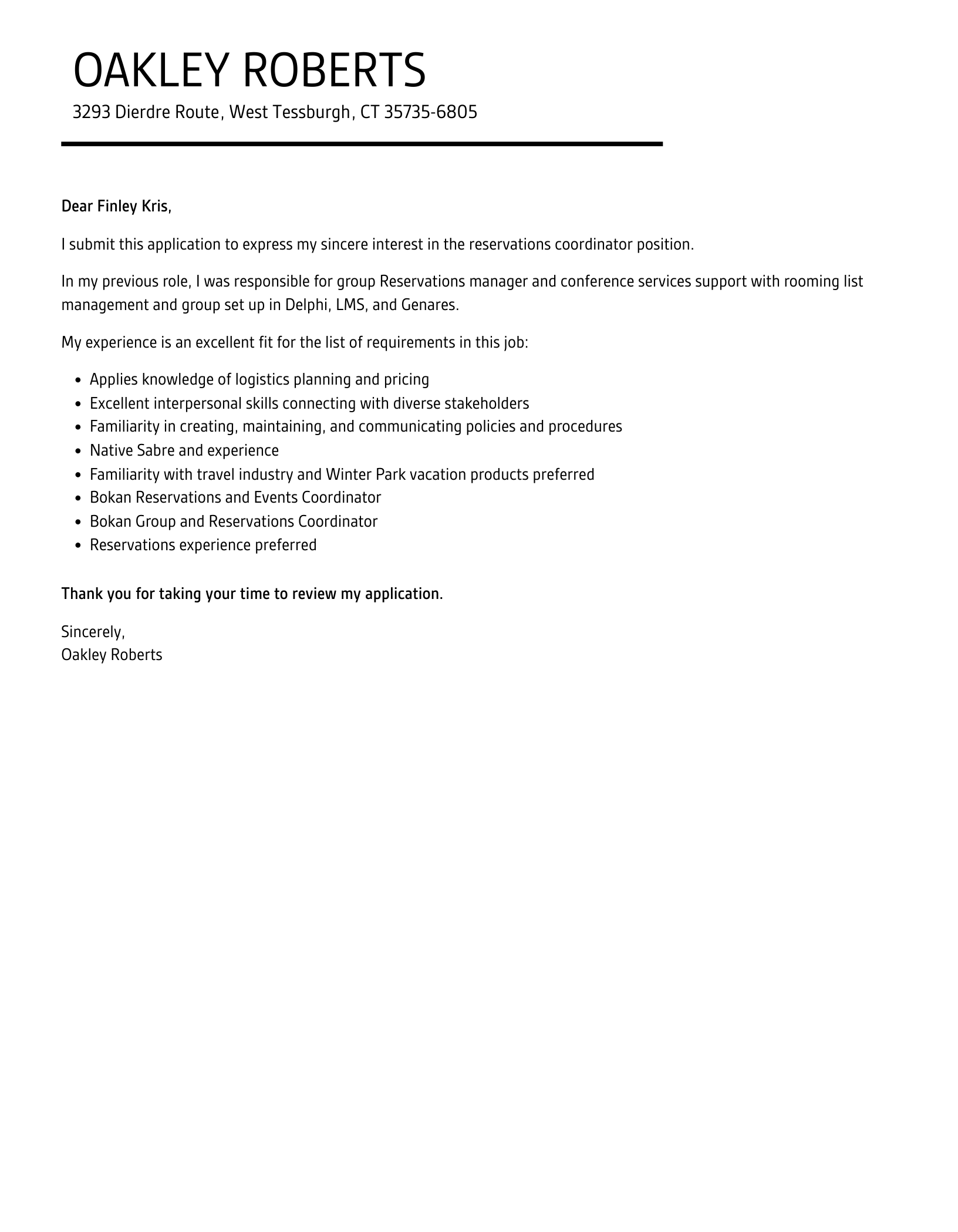 Reservations Coordinator Cover Letter Velvet Jobs