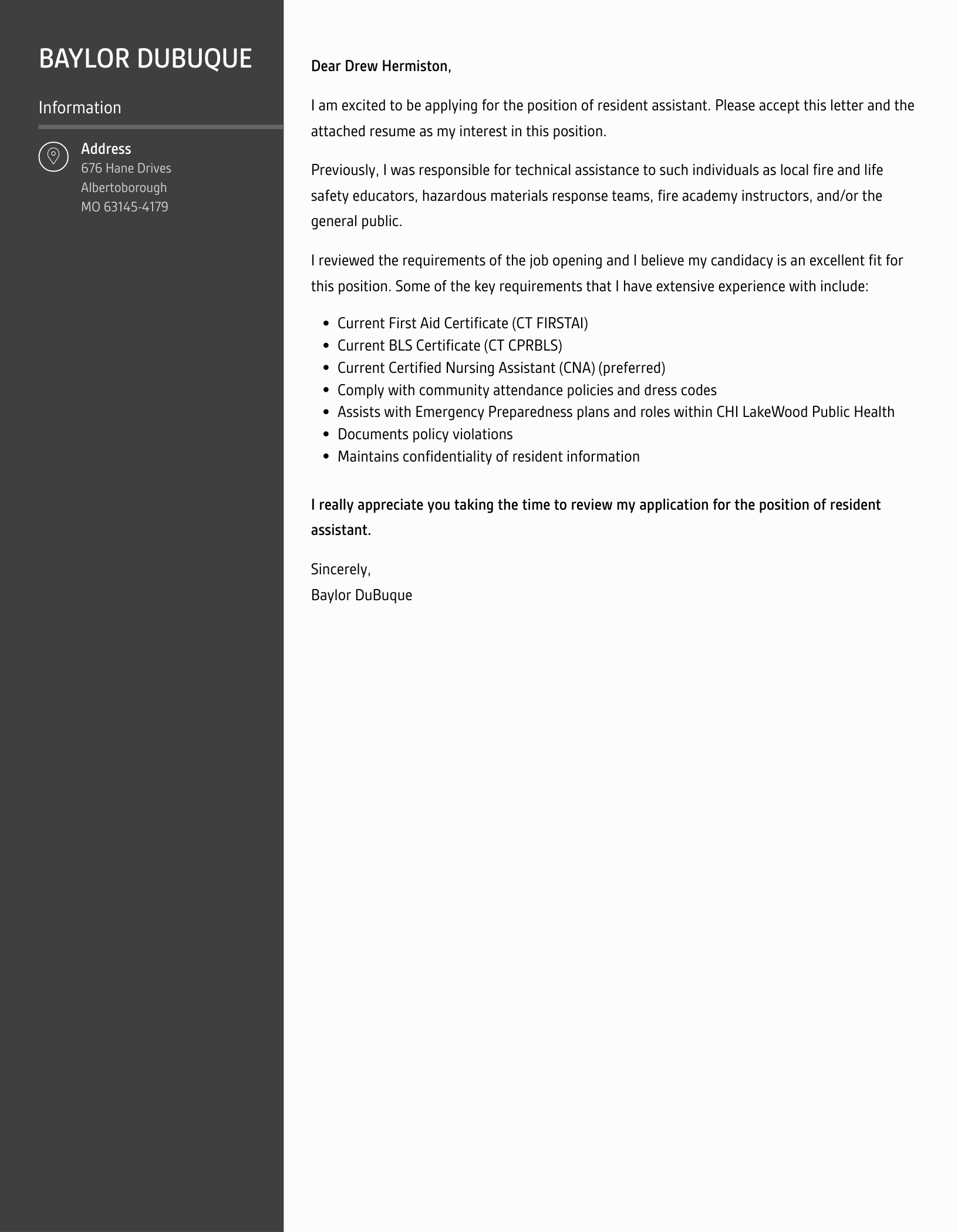 Resident Assistant Cover Letter Velvet Jobs