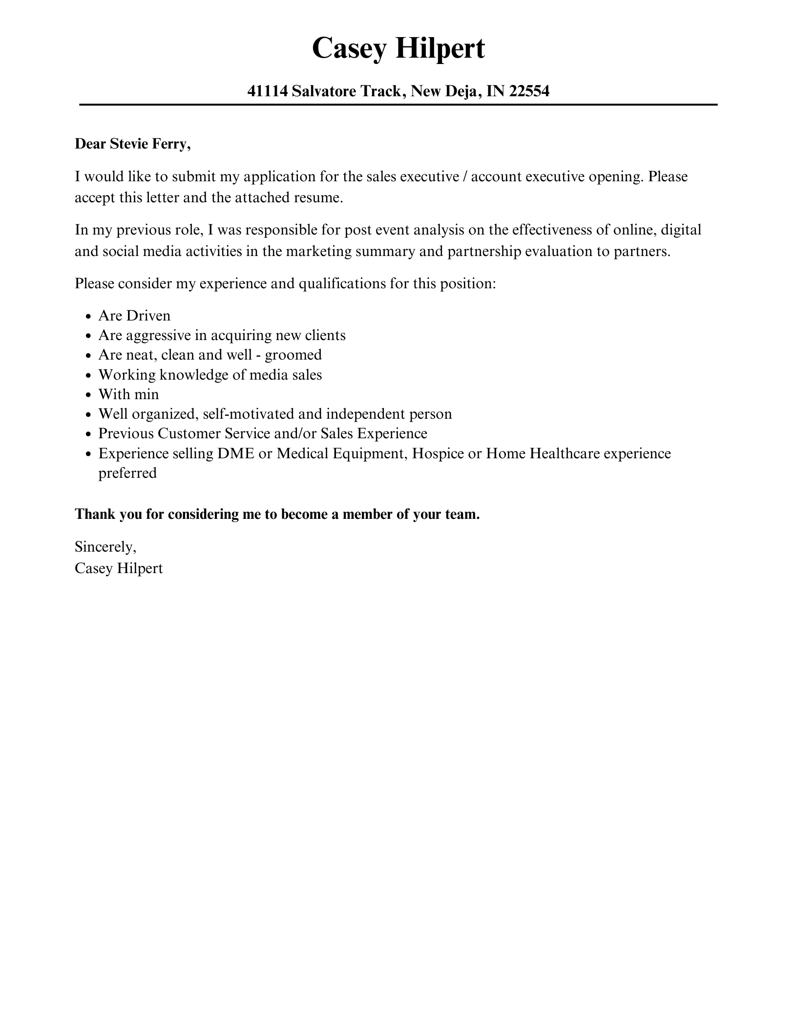 Sales Executive Account Executive Cover Letter Velvet Jobs