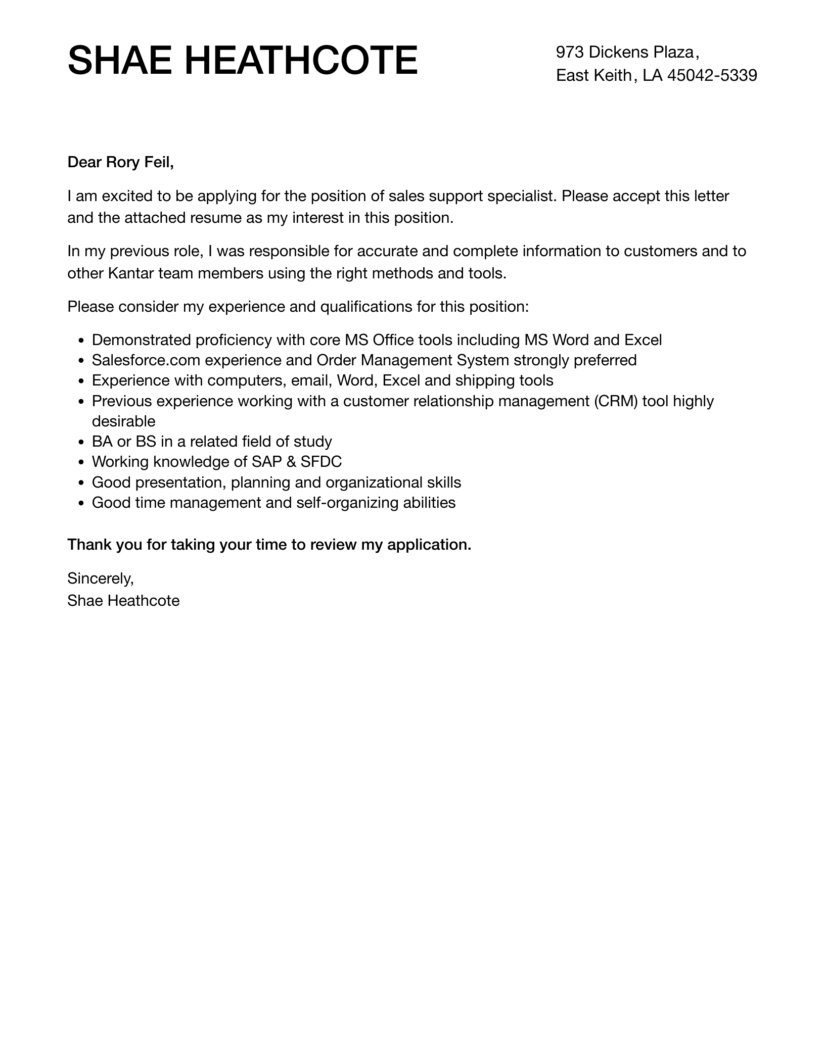 Sales Support Specialist Cover Letter Velvet Jobs