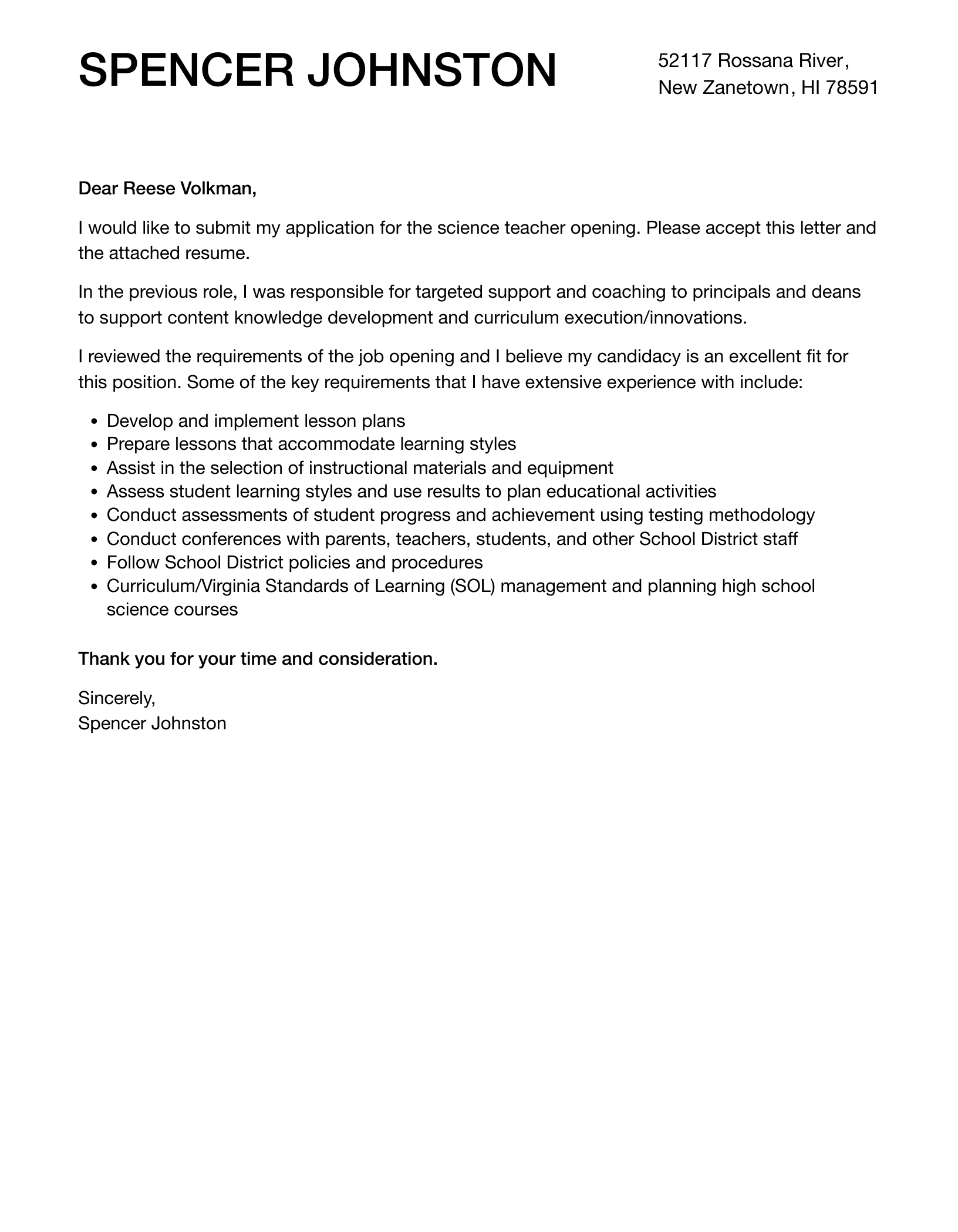 Science Teacher Cover Letter Velvet Jobs