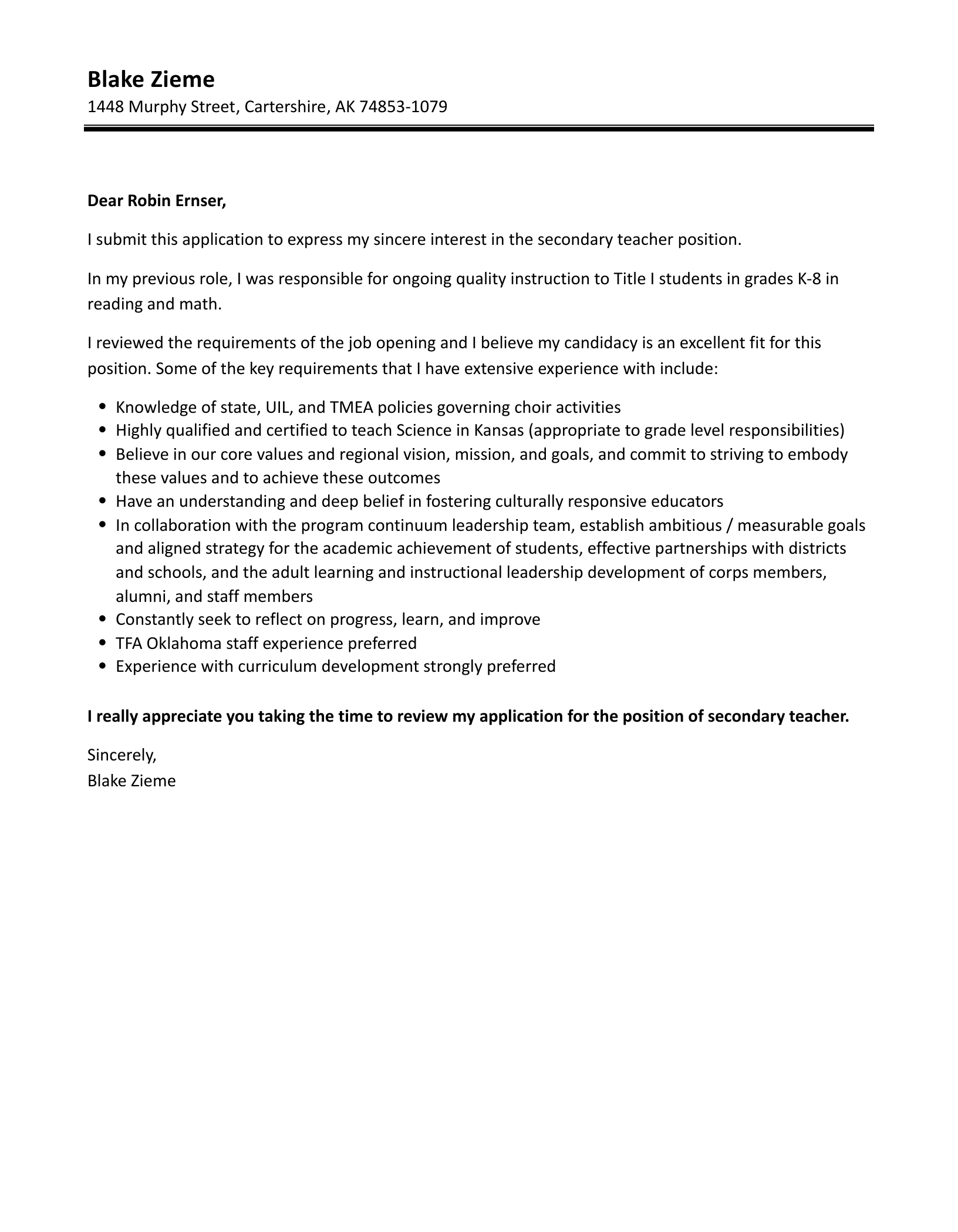 Secondary Teacher Cover Letter Velvet Jobs
