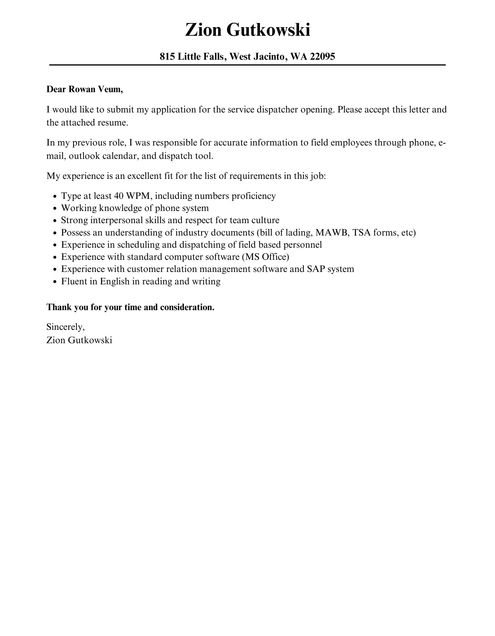 application letter for a dispatcher position