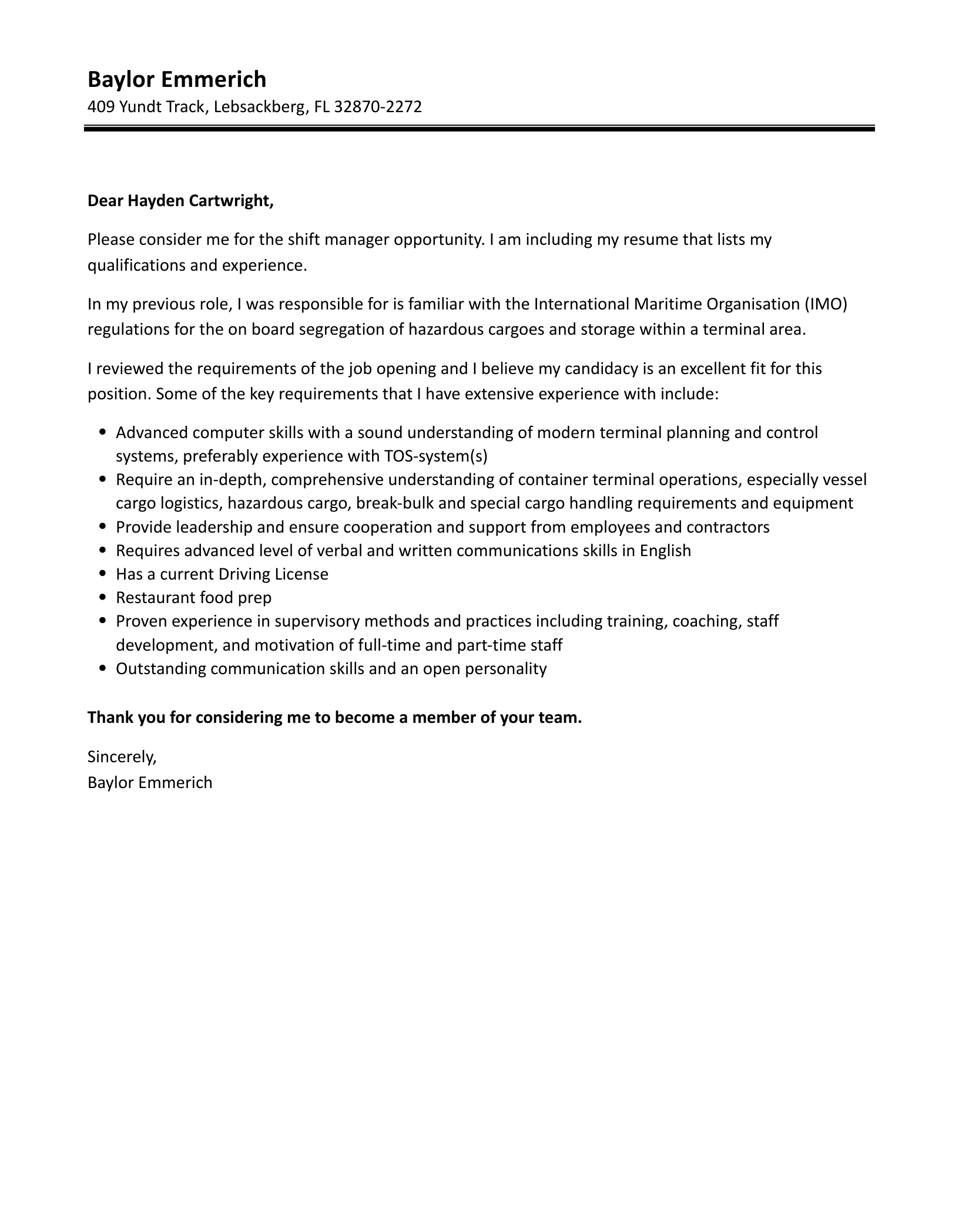 Shift Manager Cover Letter Velvet Jobs