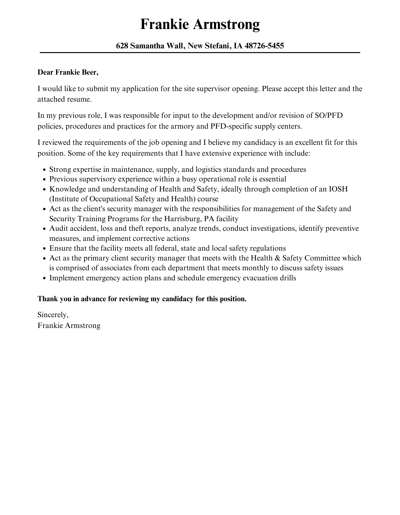 Site Supervisor Cover Letter Velvet Jobs