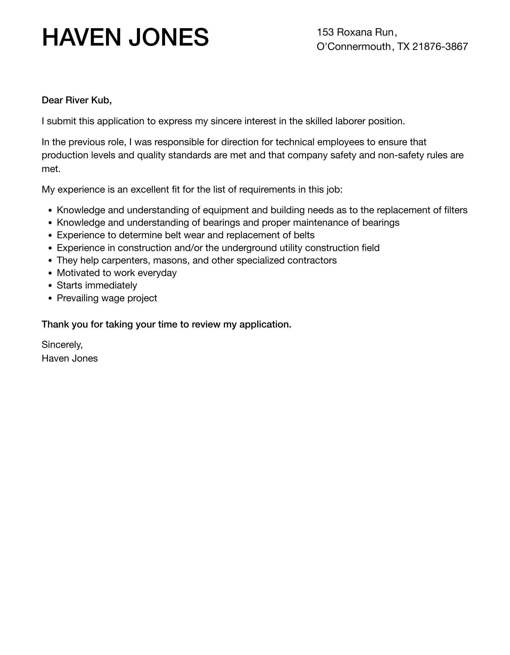 Skilled Laborer Cover Letter Velvet Jobs