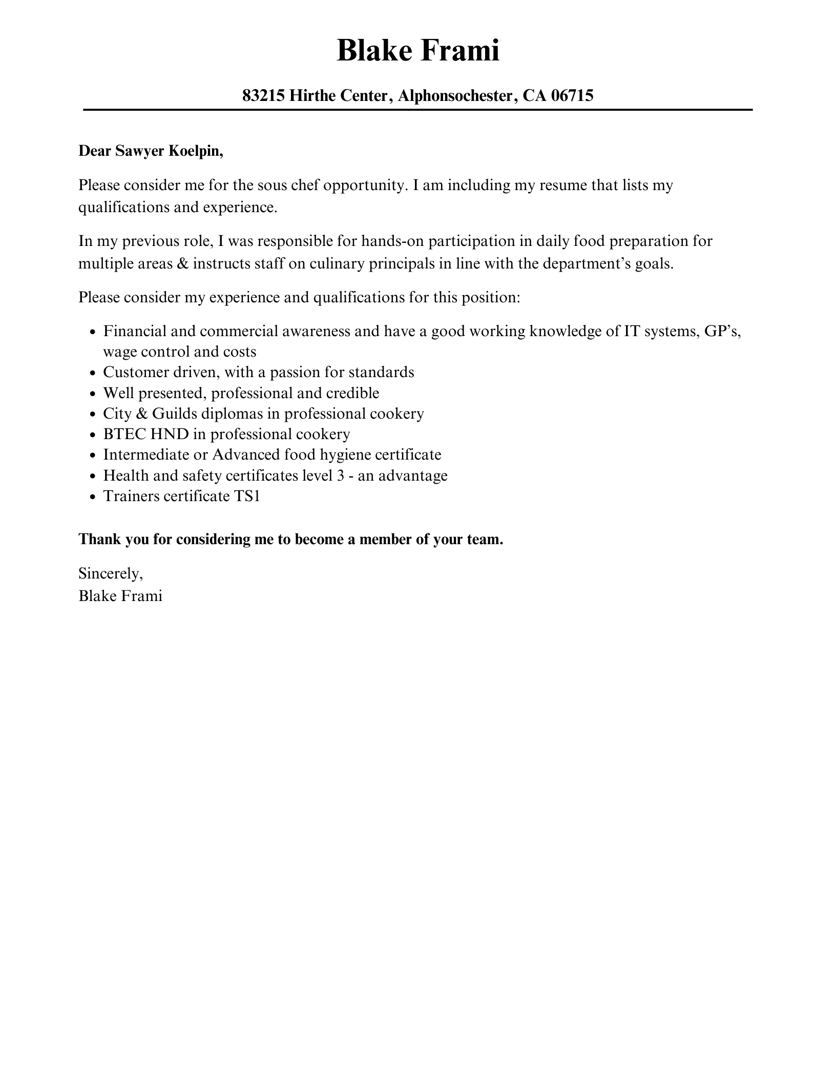 sous chef application letter