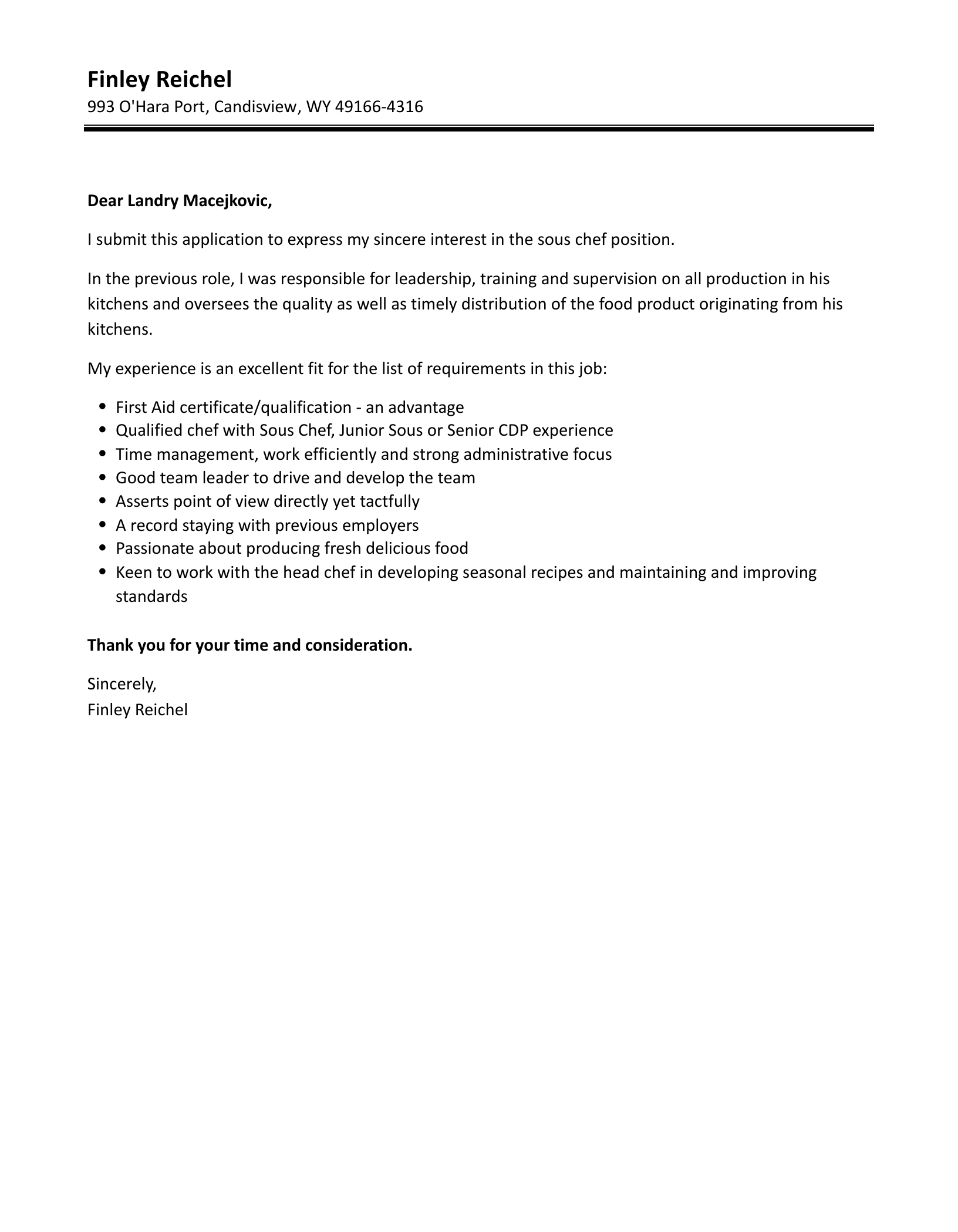Sous Chef Cover Letter Velvet Jobs