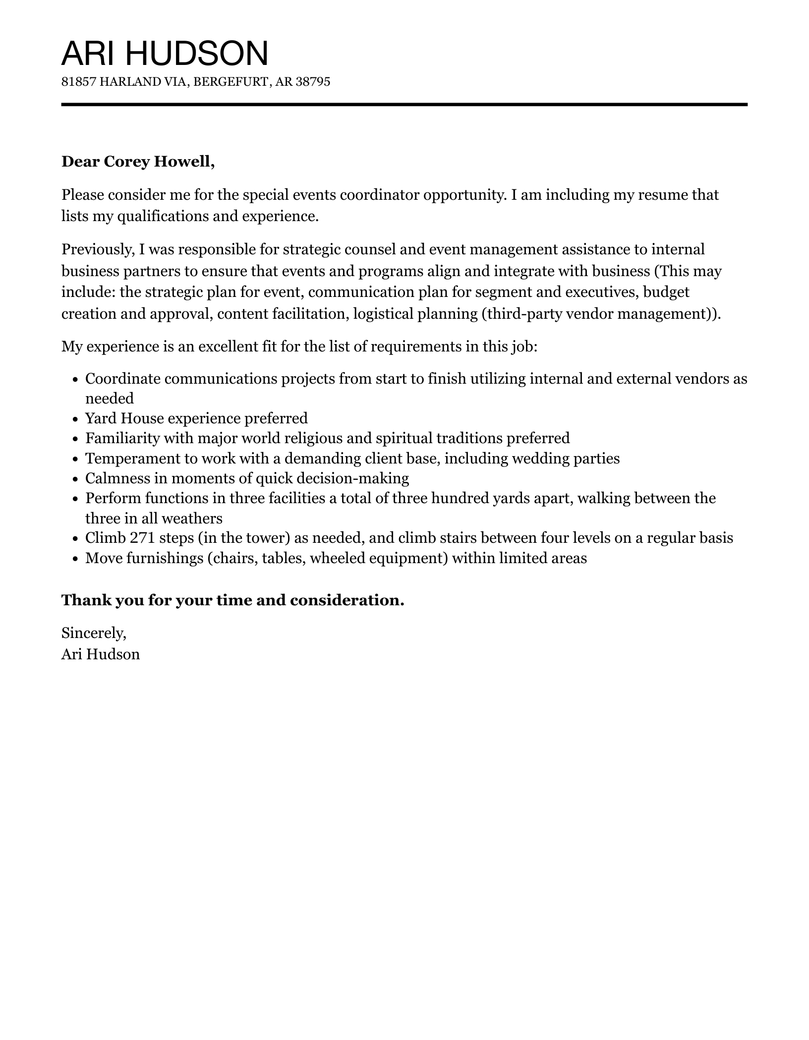 Special Events Coordinator Cover Letter Velvet Jobs