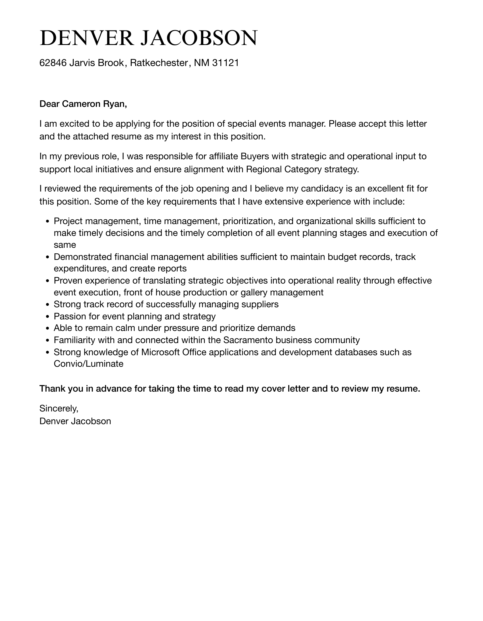 Special Events Manager Cover Letter Velvet Jobs