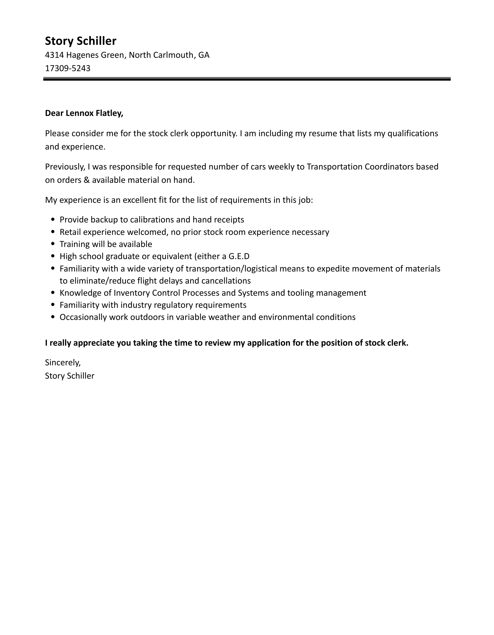 Stock Clerk Cover Letter Velvet Jobs