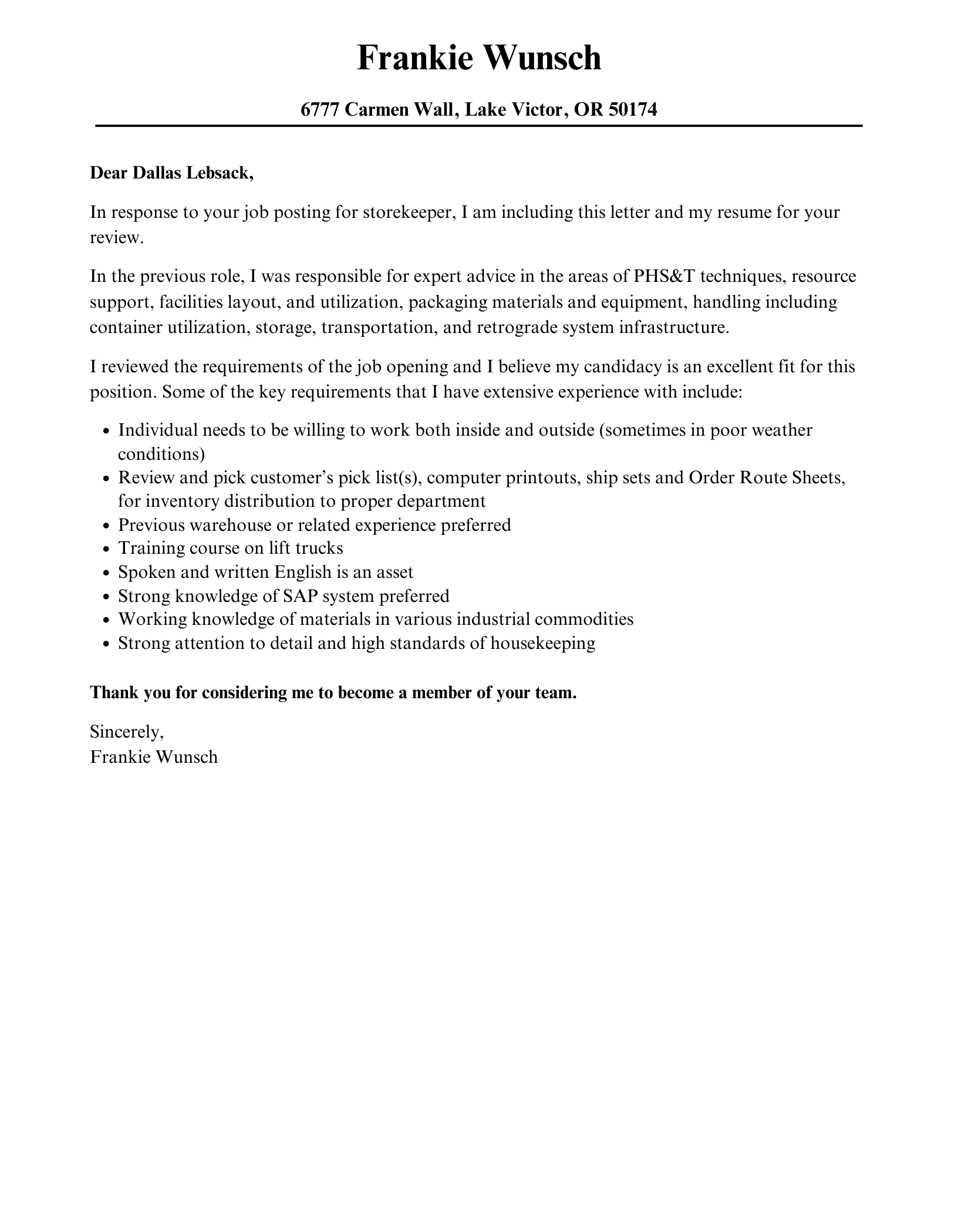 store keeper cover letter with no experience