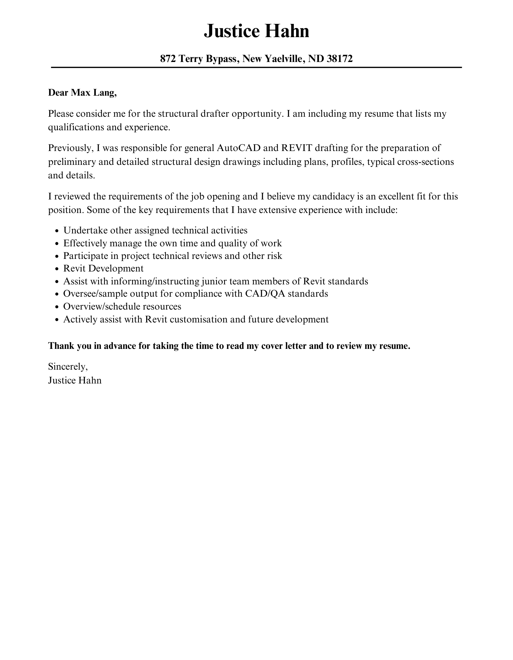 cover letter for structural draftsman