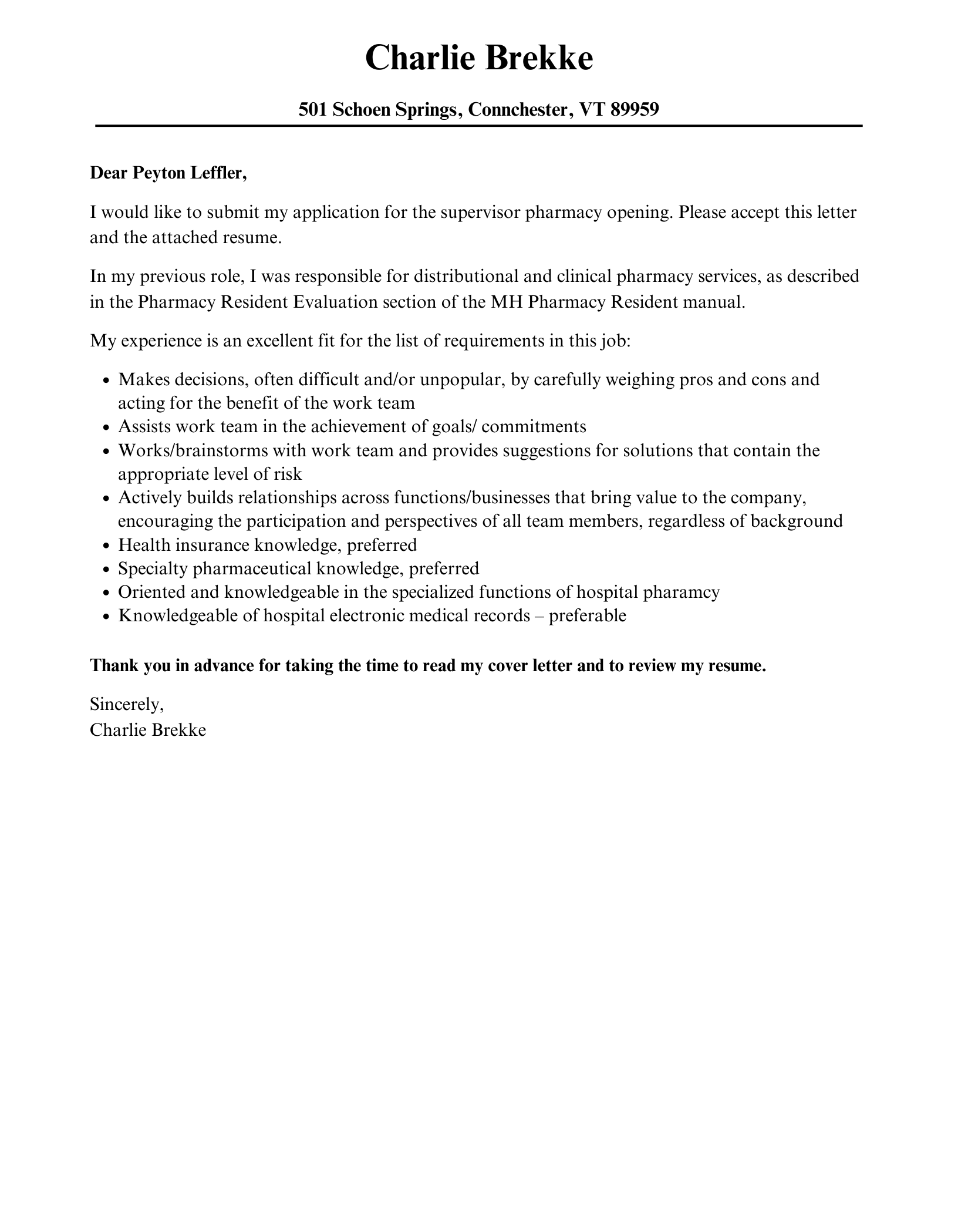 Supervisor Pharmacy Cover Letter Sample