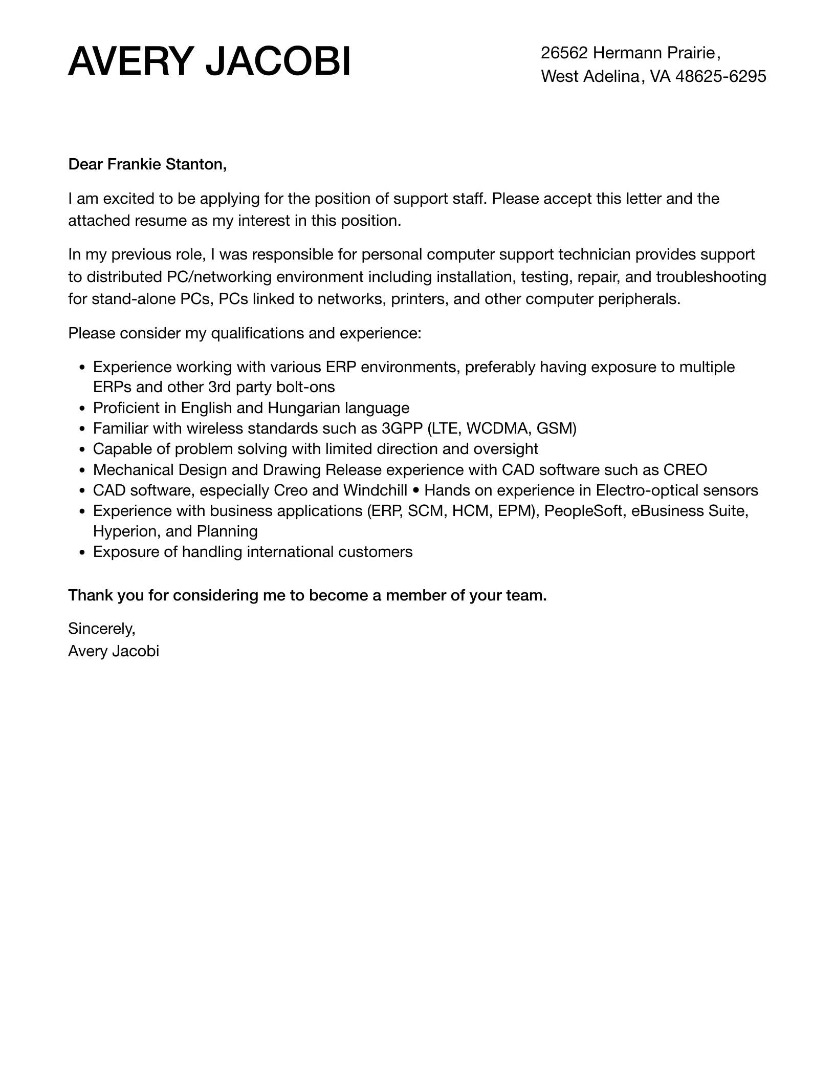 Support Staff Cover Letter Velvet Jobs