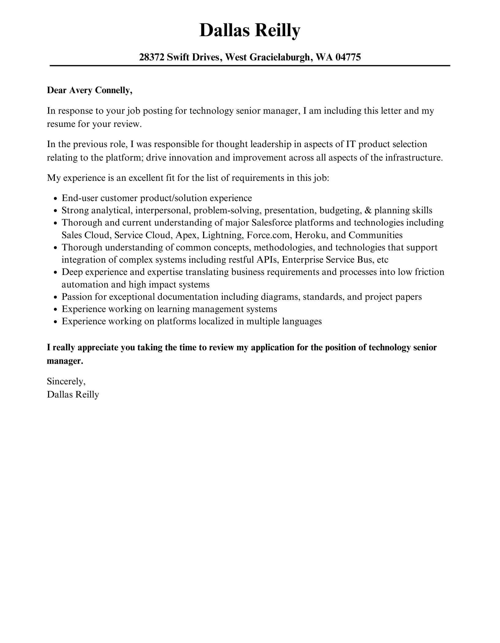 Technology Senior Manager Cover Letter Sample