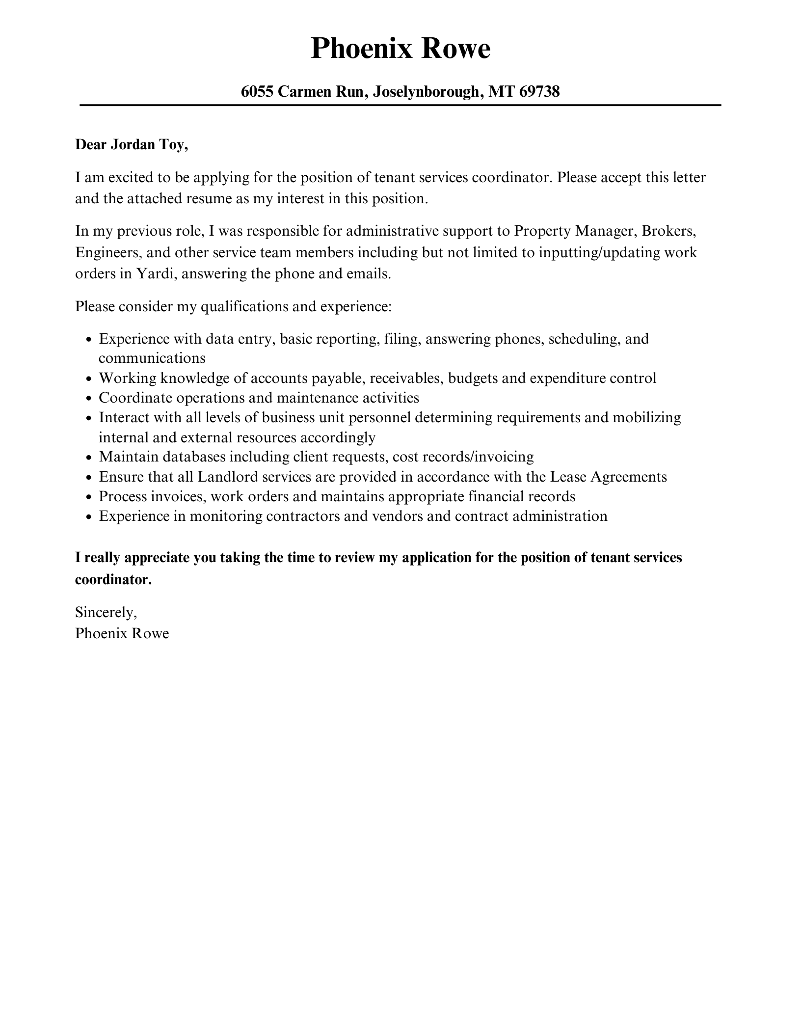 Tenant Services Coordinator Cover Letter Velvet Jobs