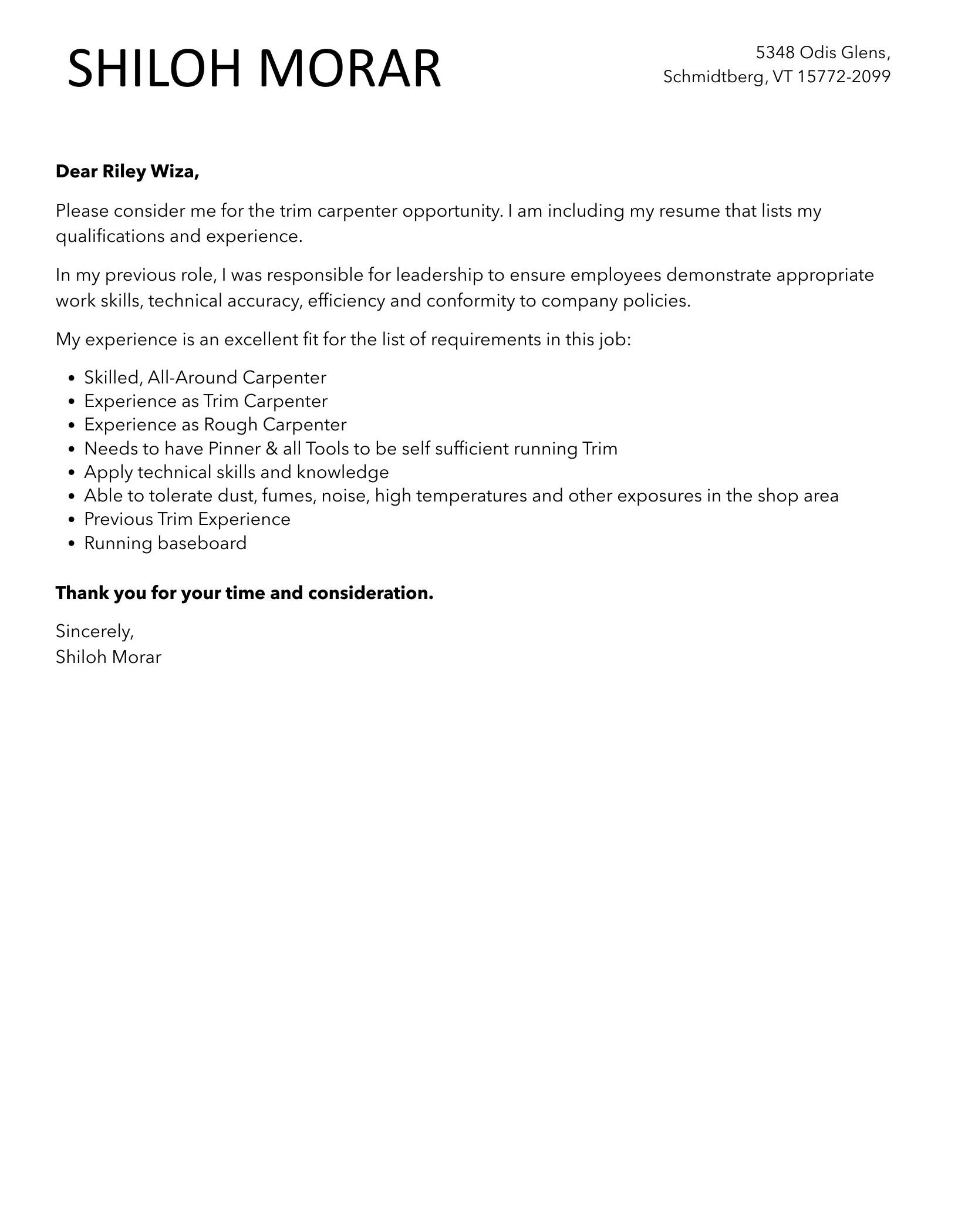 Trim Carpenter Cover Letter Velvet Jobs