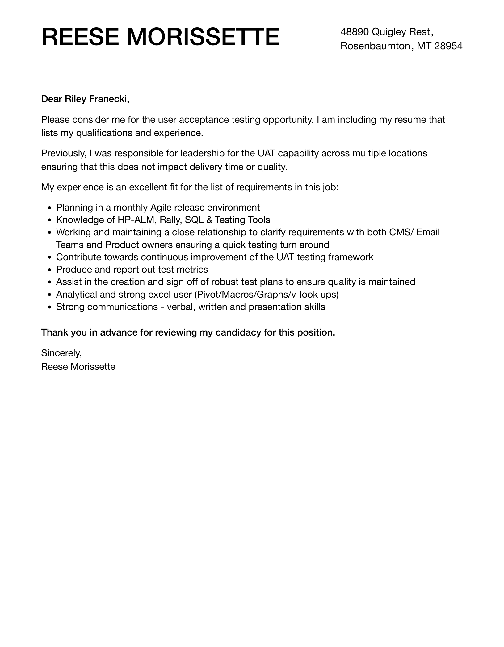 User Acceptance Testing Cover Letter Velvet Jobs