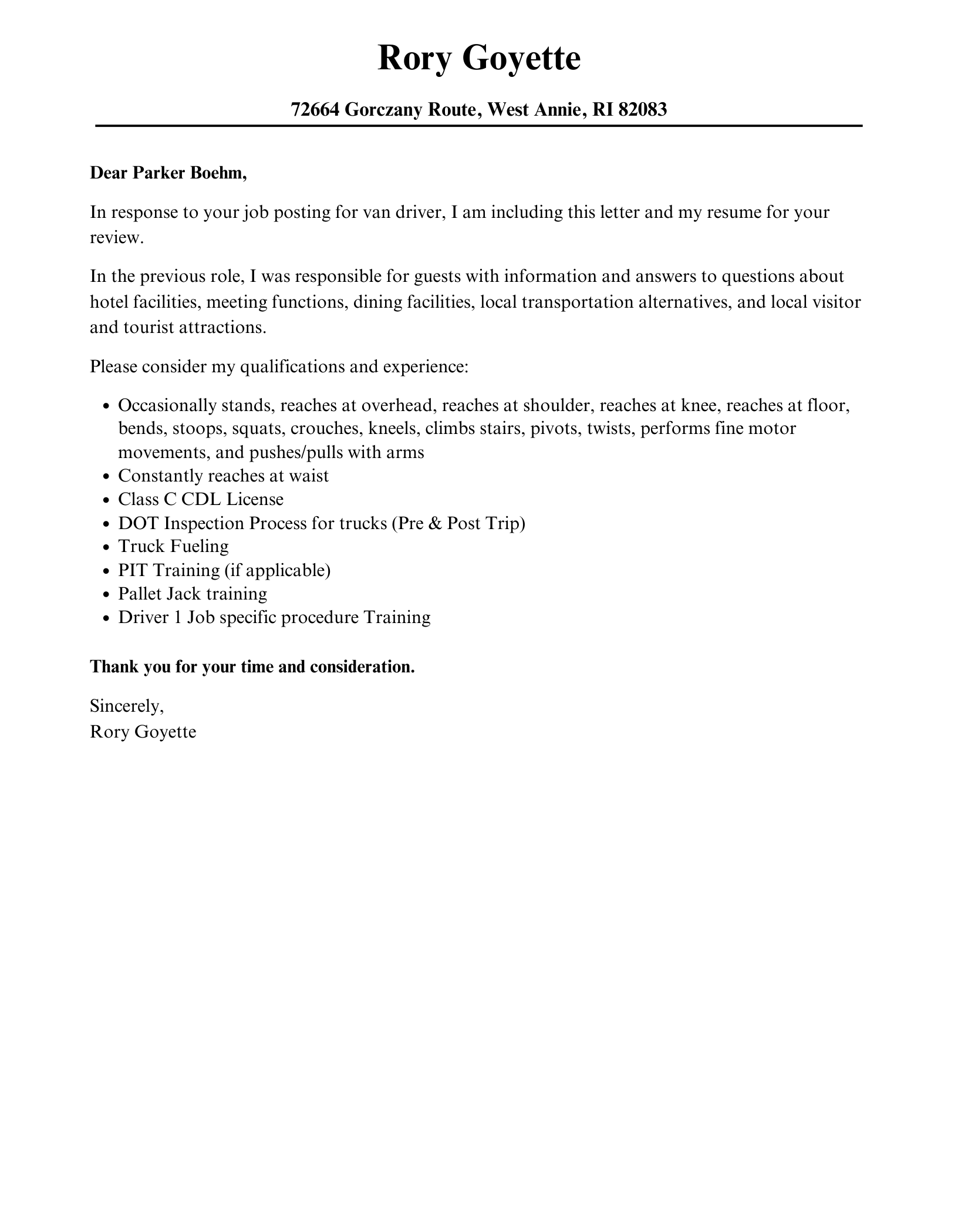 Van Driver Cover Letter Sample