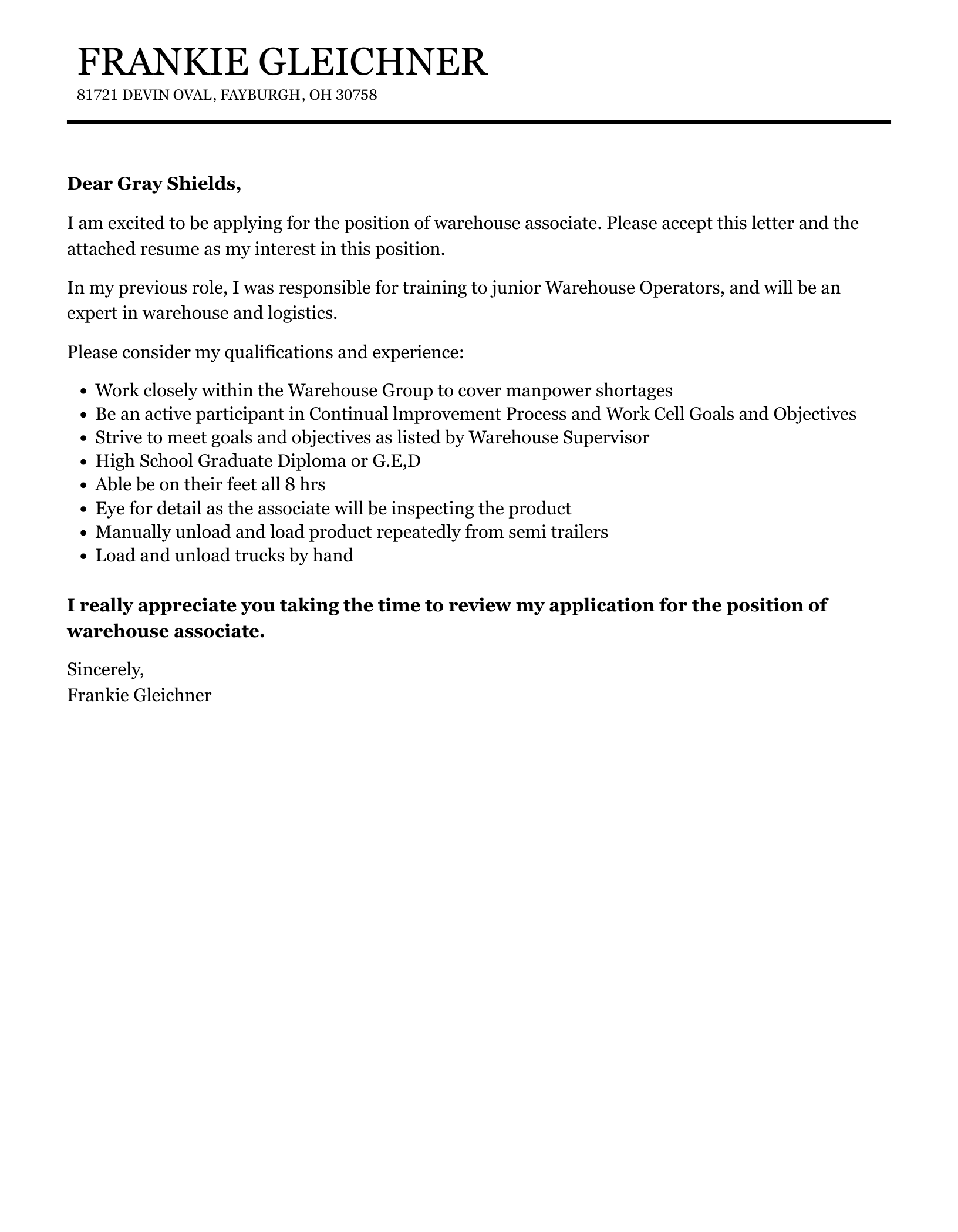 Warehouse Associate Cover Letter Velvet Jobs