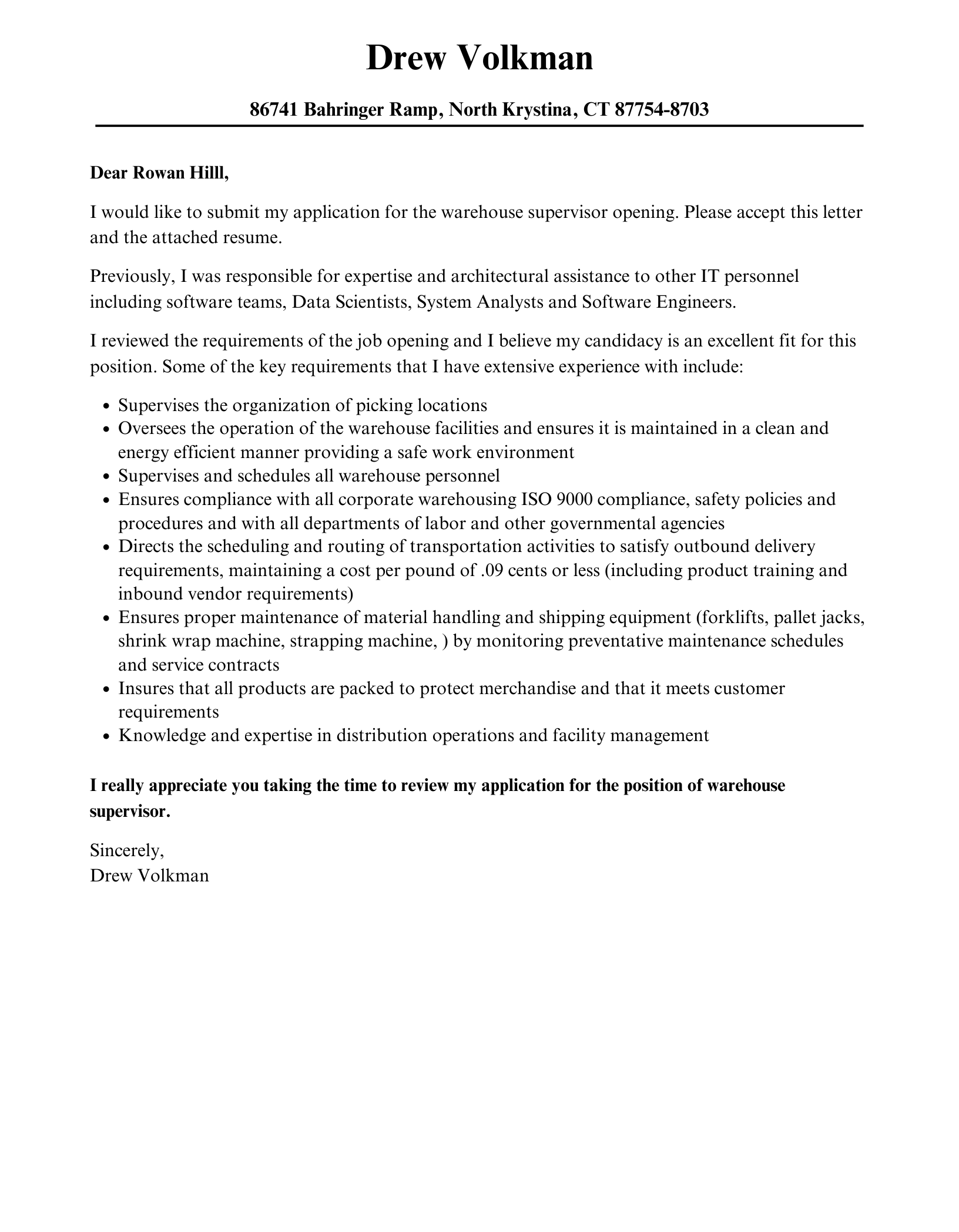 Warehouse Supervisor Cover Letter   Warehouse Supervisor Cover Letter Template V1 