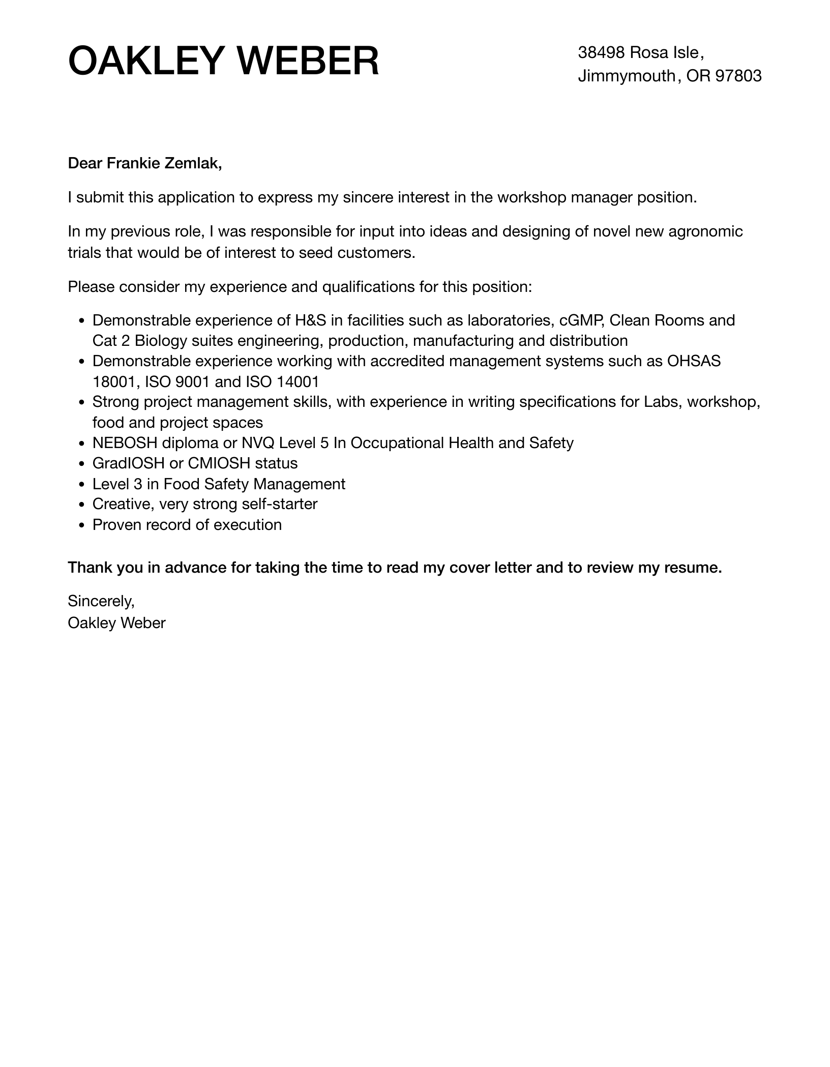 Workshop Manager Cover Letter Velvet Jobs
