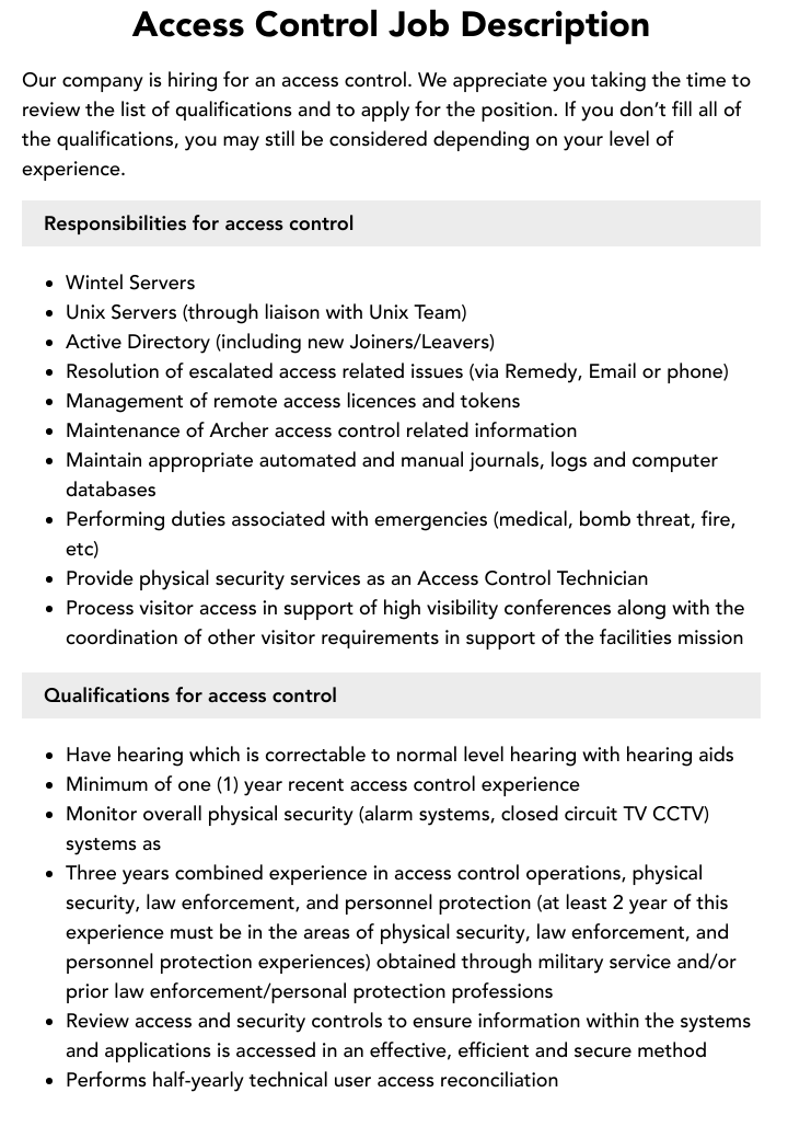 Access Control Job Description Velvet Jobs