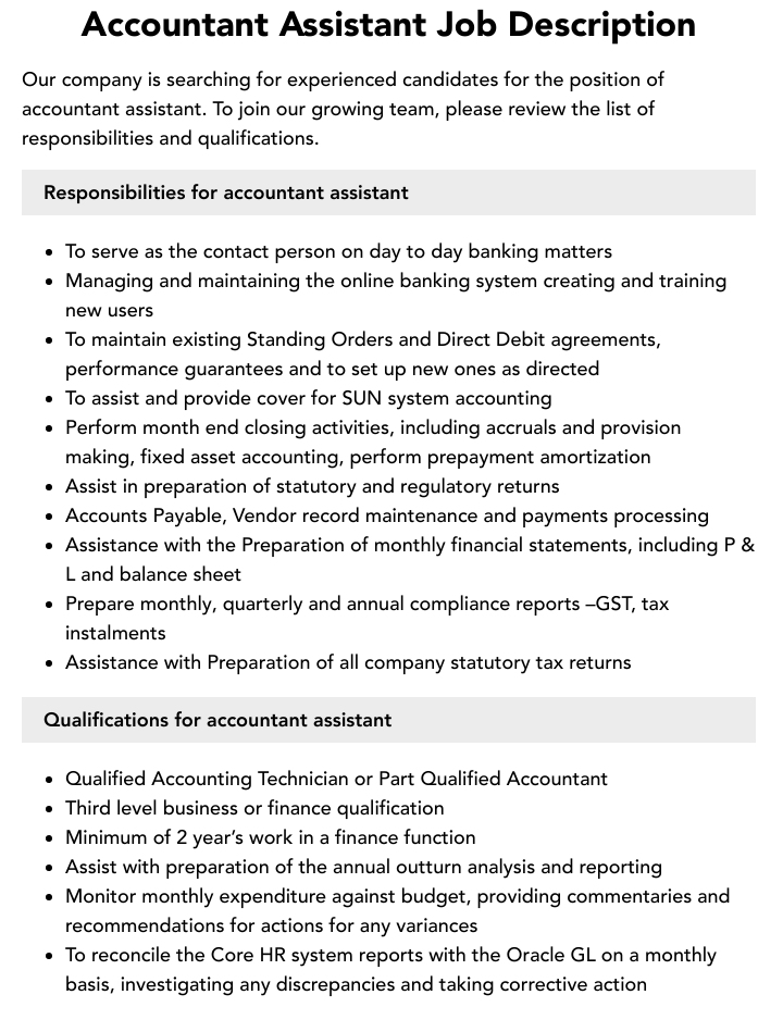 Accountant Assistant Job Description Velvet Jobs
