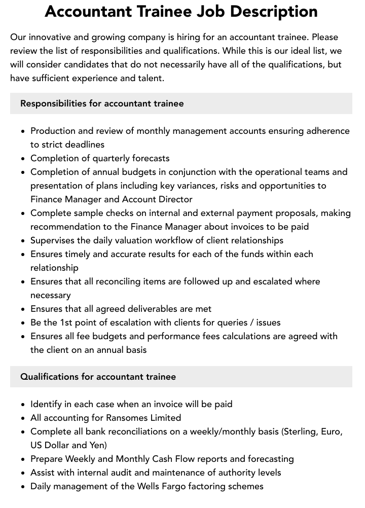 Trainee Management Accountant Role