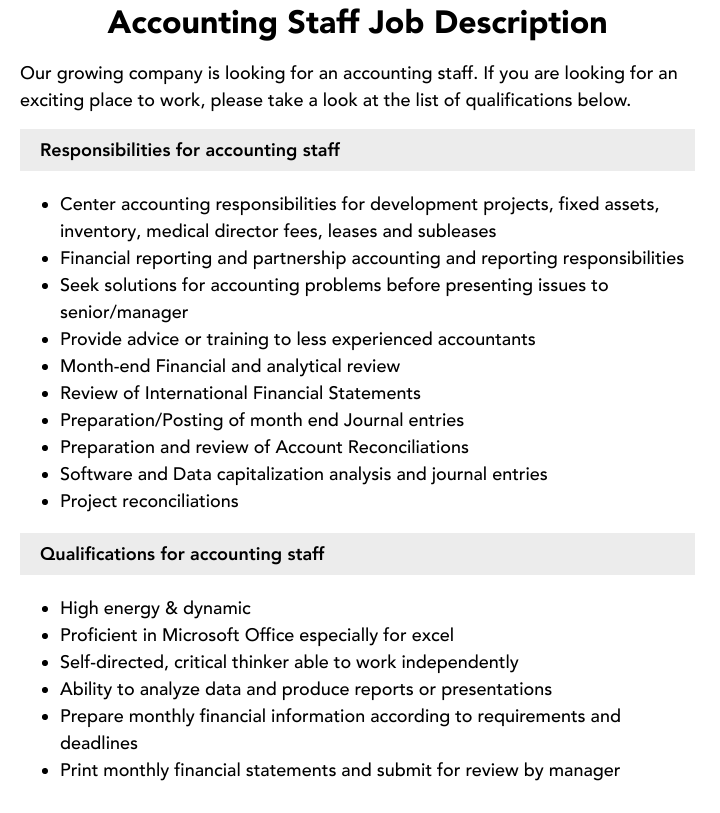 Staff Accountant Job Description And Requirements