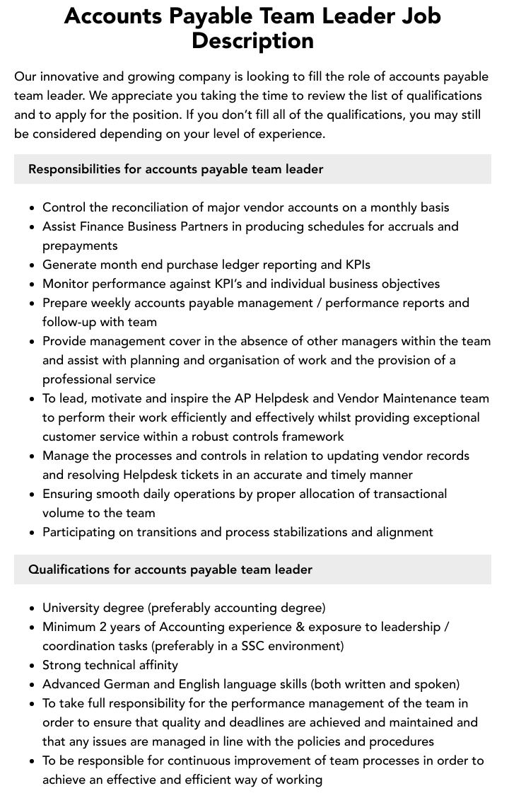 Average Salary For Accounts Payable Team Leader