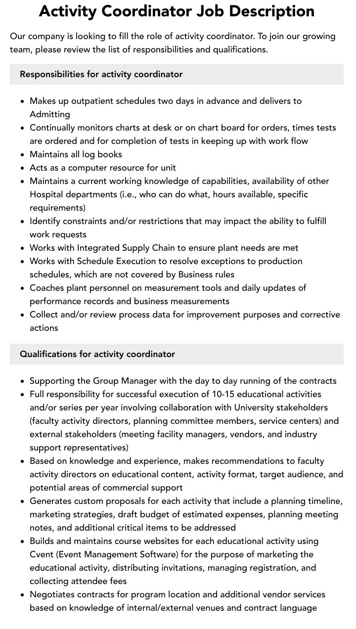 Activity Coordinator Job Description Velvet Jobs