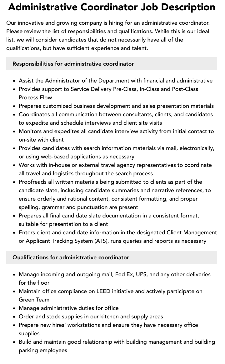 Administrative Coordinator Job Description Velvet Jobs