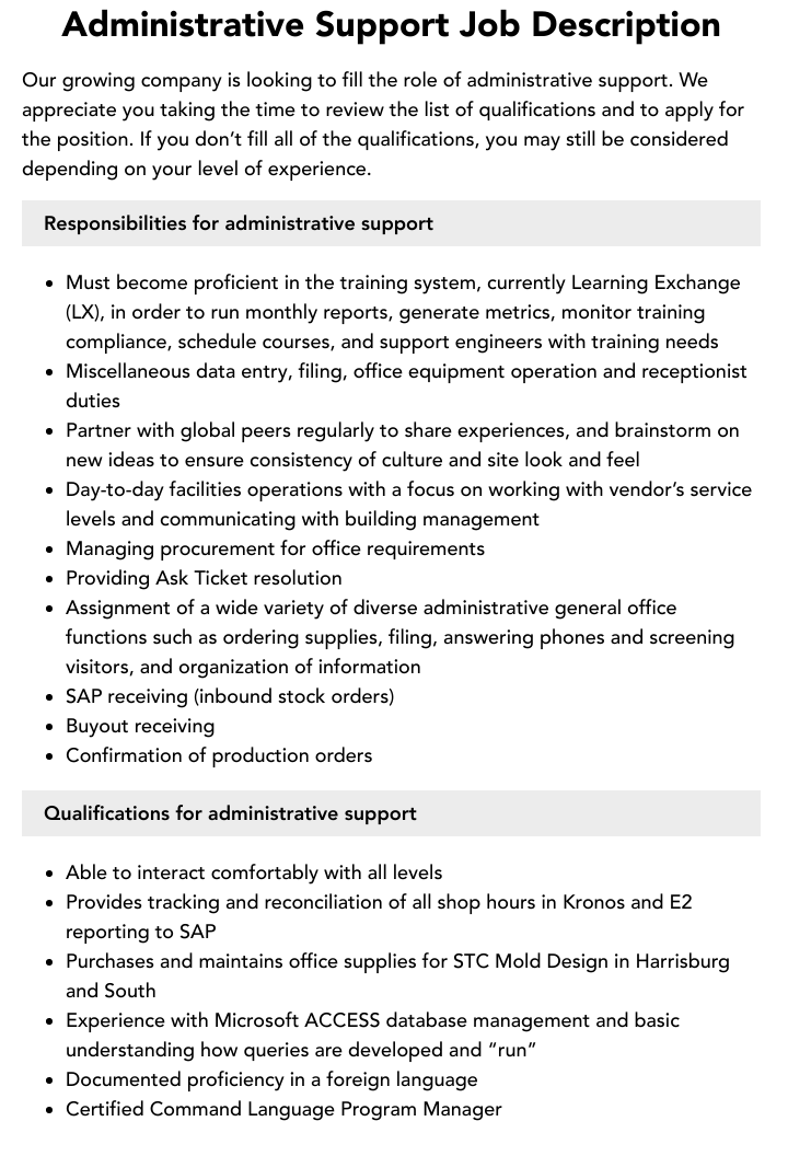 Administrative Support Job Description Velvet Jobs