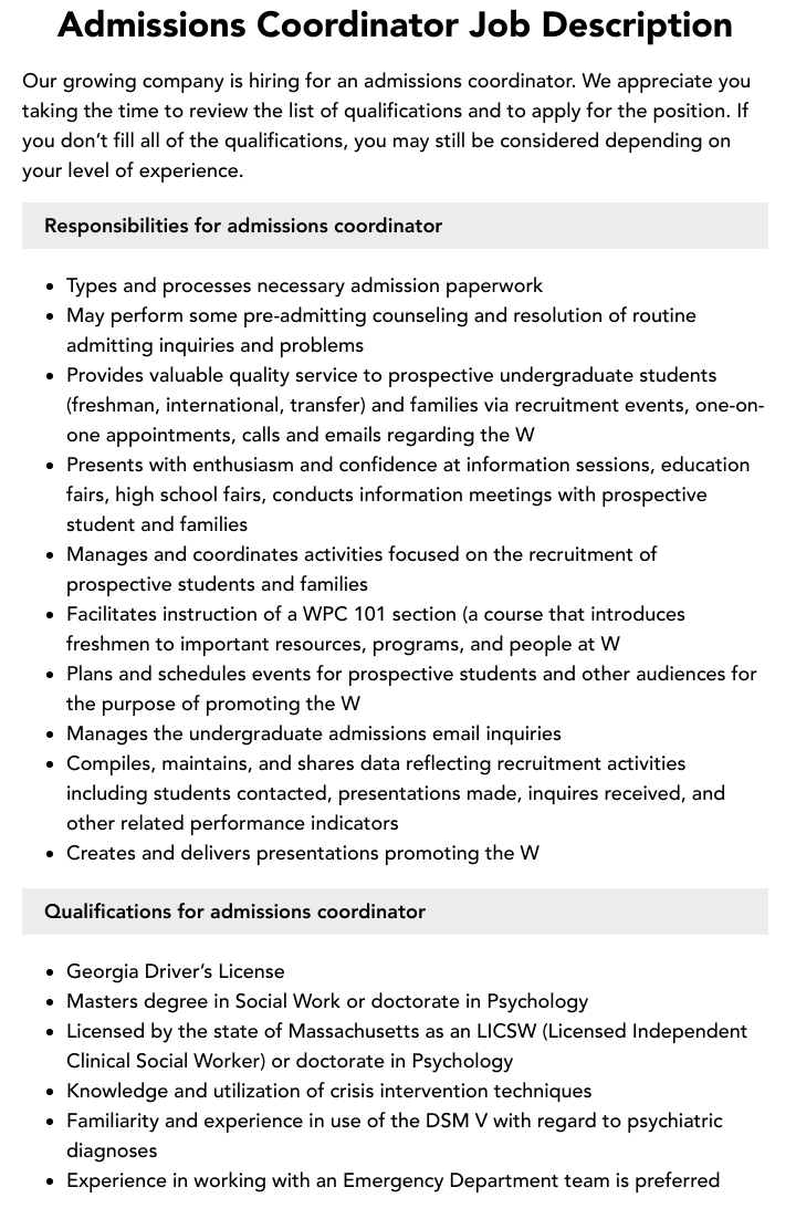 Admissions Coordinator Job Description Velvet Jobs