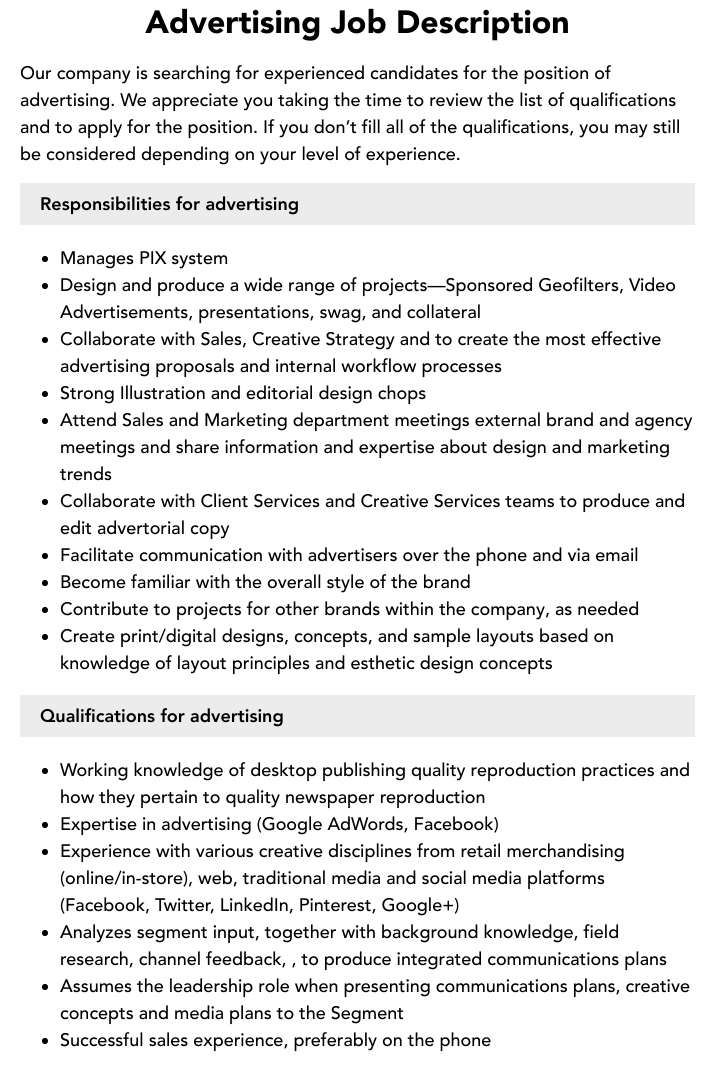 Advertising Job Description Velvet Jobs Advertising Job Description Velvet Jobs