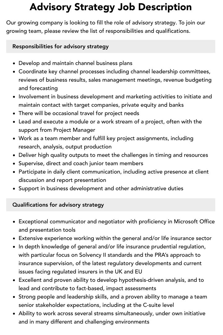 Advisory Strategy Job Description Velvet Jobs