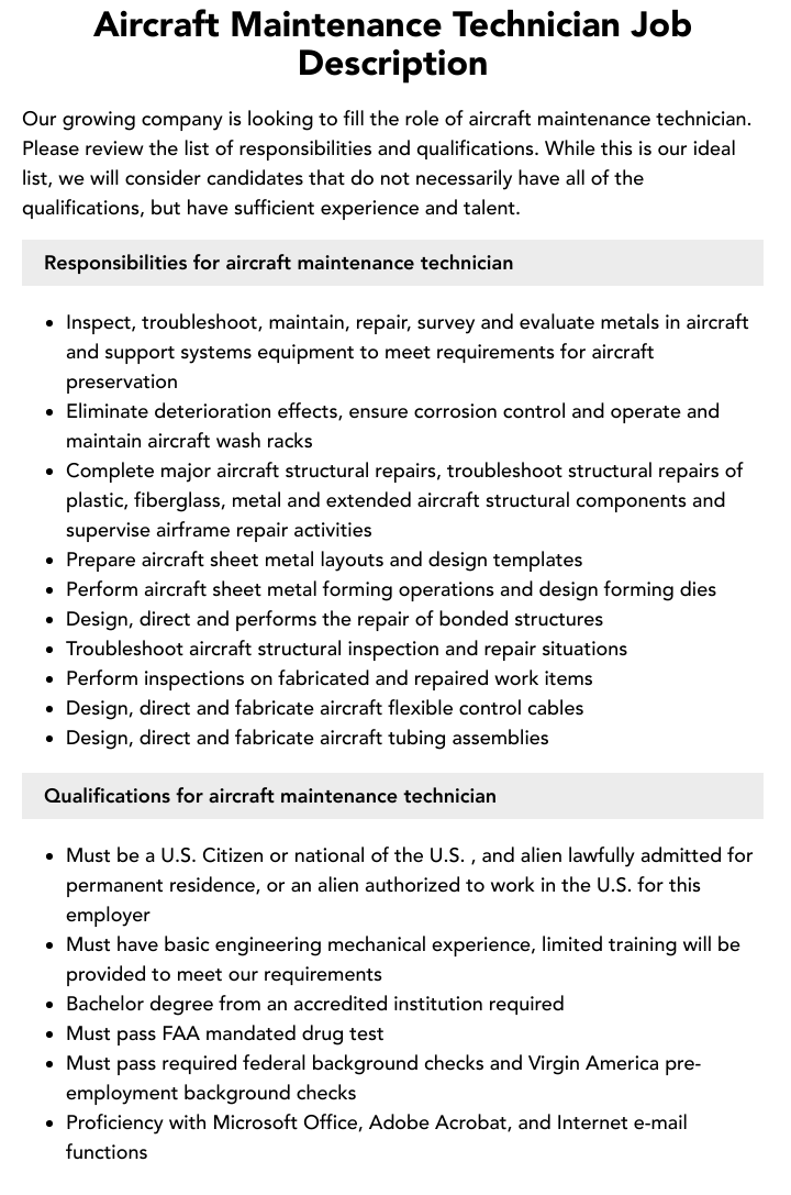 Aircraft Maintenance Technician Job Description Velvet Jobs
