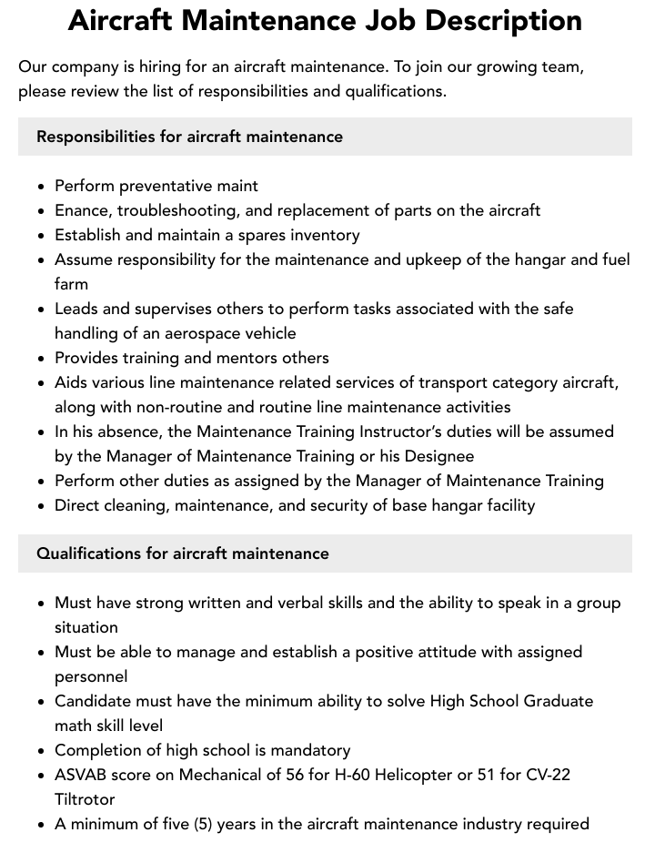 Aircraft Maintenance Job Description Velvet Jobs