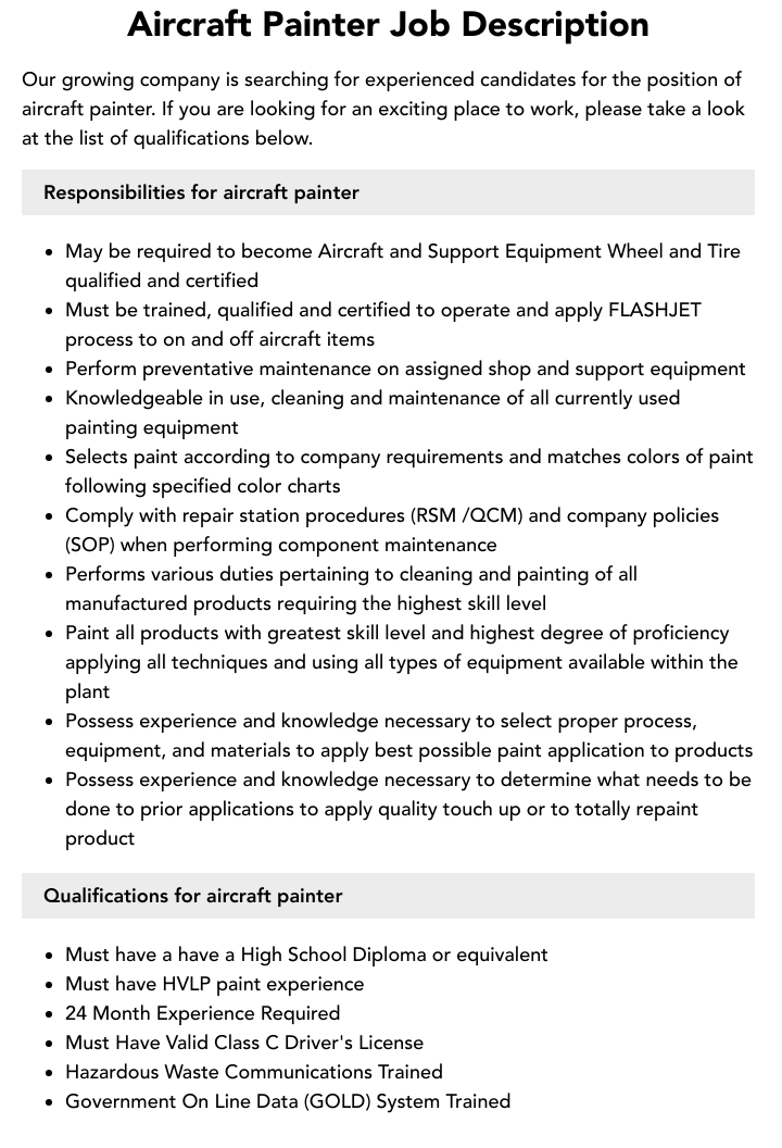Aircraft Painter Job Description Velvet Jobs