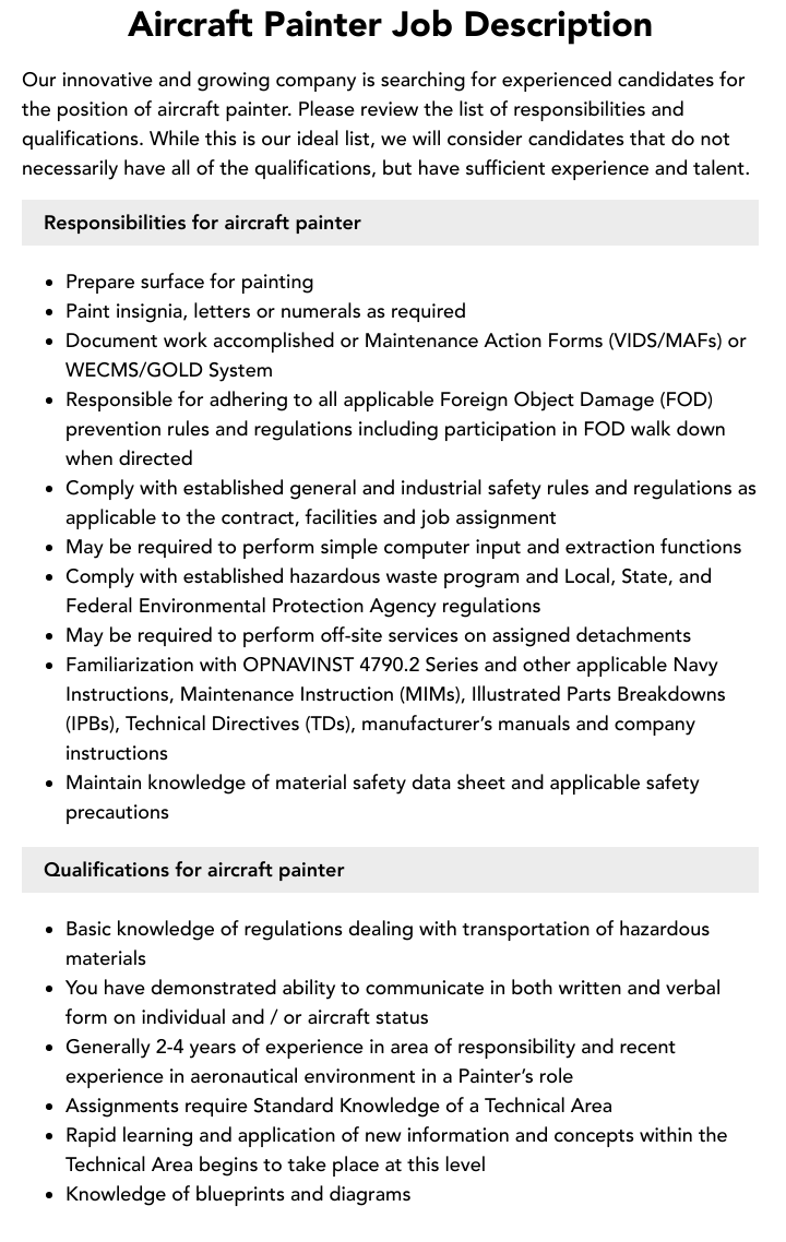 Aircraft Painter Job Description Velvet Jobs