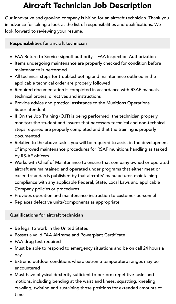 Aircraft Technician Job Description Velvet Jobs
