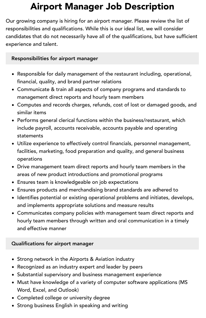 Airport Manager Job Description Velvet Jobs