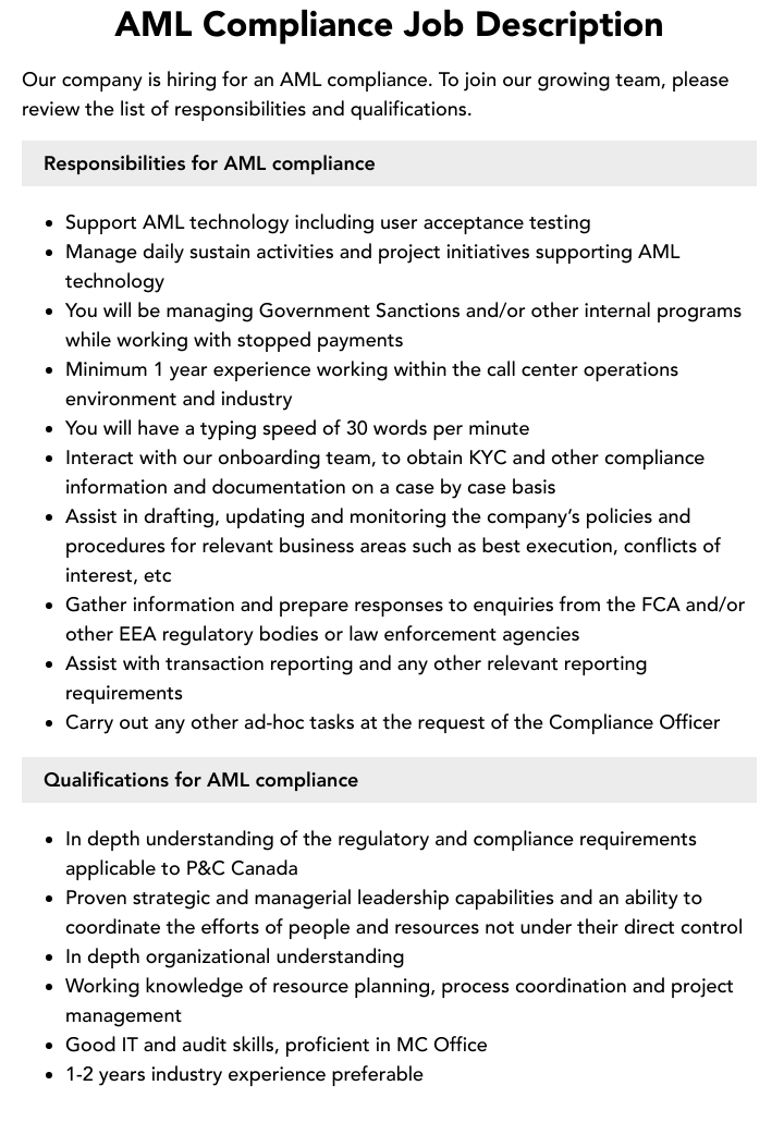 AML Compliance Job Description Velvet Jobs