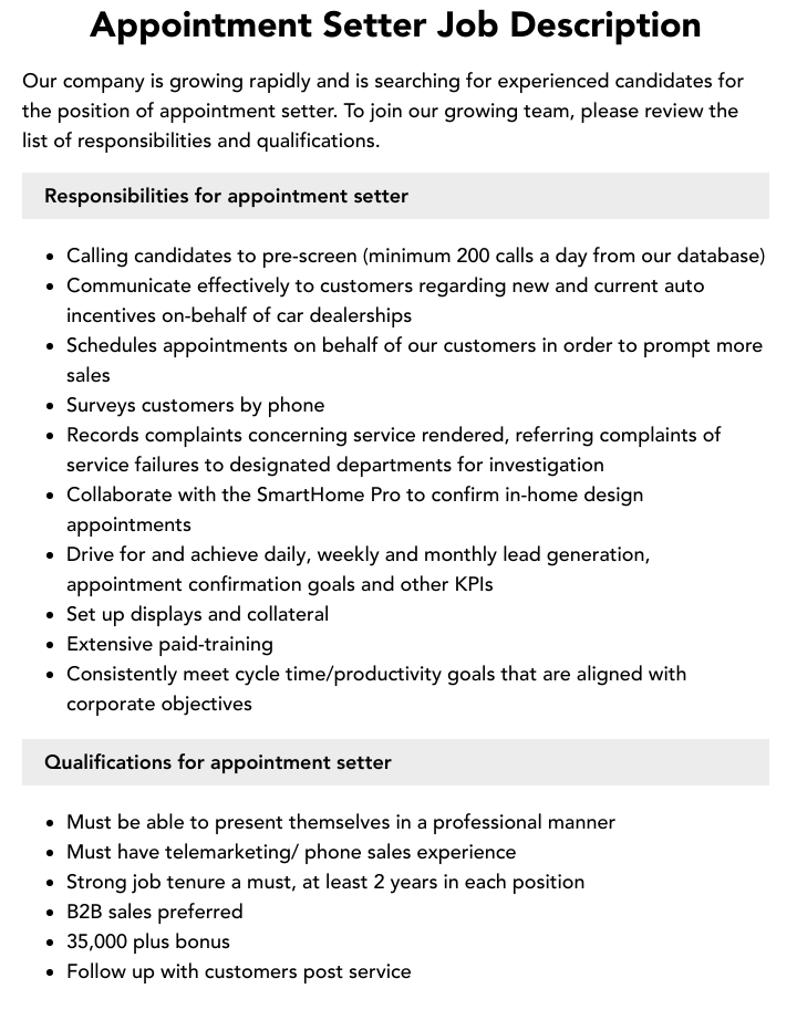 Appointment Setter Job Description Velvet Jobs