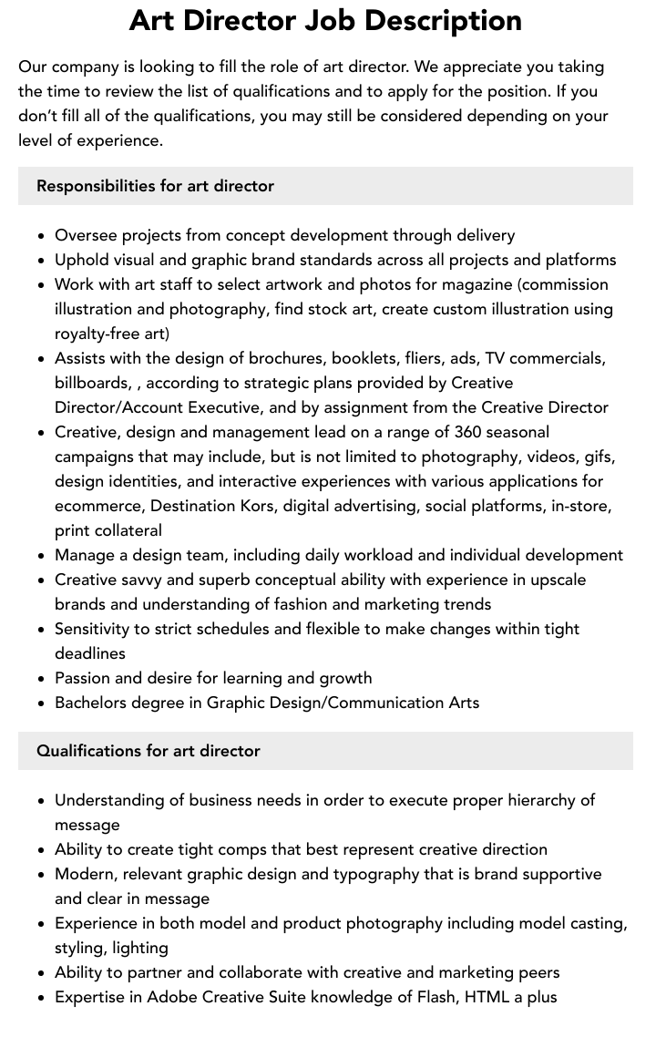 Art Director Job Description Velvet Jobs