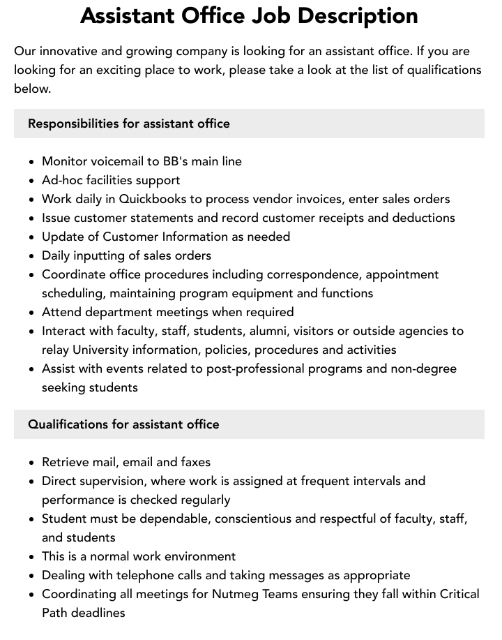 Assistant Office Job Description Velvet Jobs
