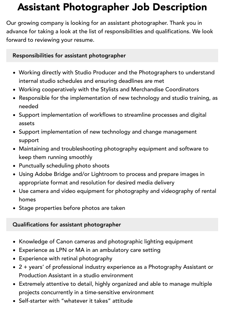 Assistant Photographer Job Description Velvet Jobs