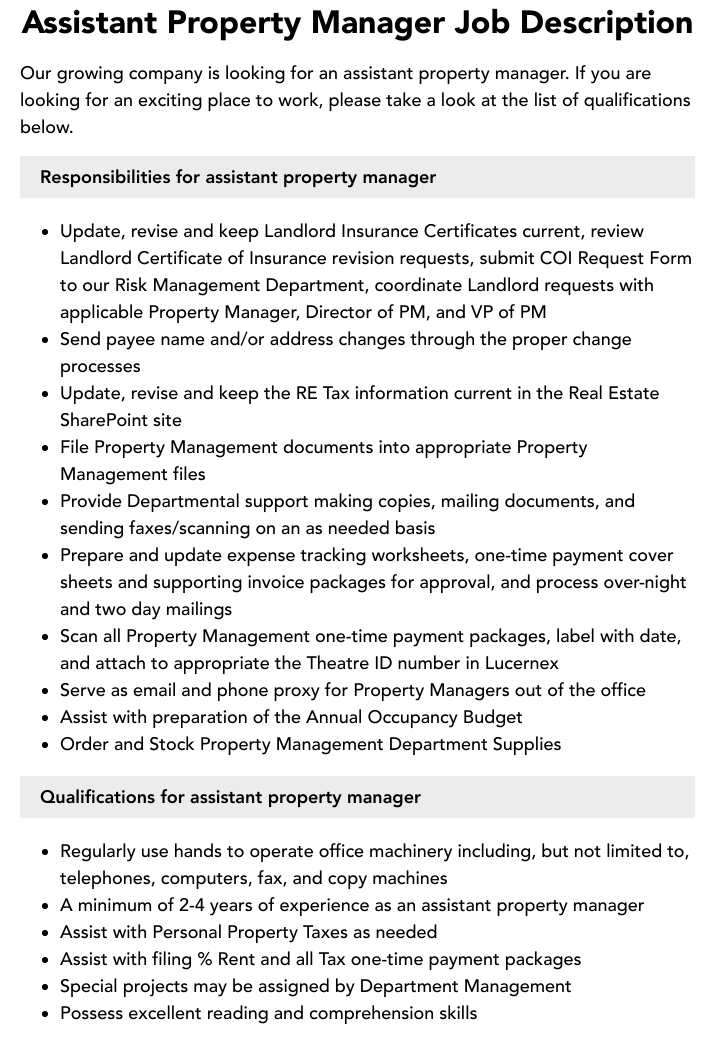 Hoa Property Manager Job Description